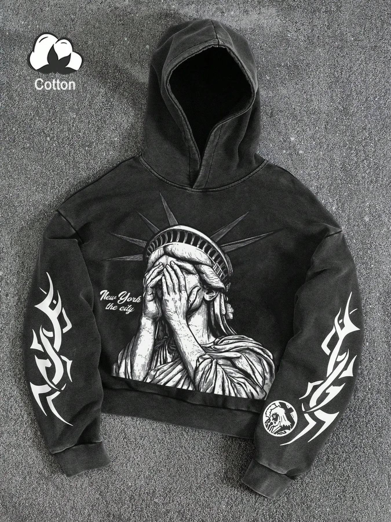 Vintage washed hoodie with a Statue of Liberty covering eyes New York print, flame prints on the sleeves, soft and comfortable fabric. Perfect for street style, casual hangouts, and skatewear.