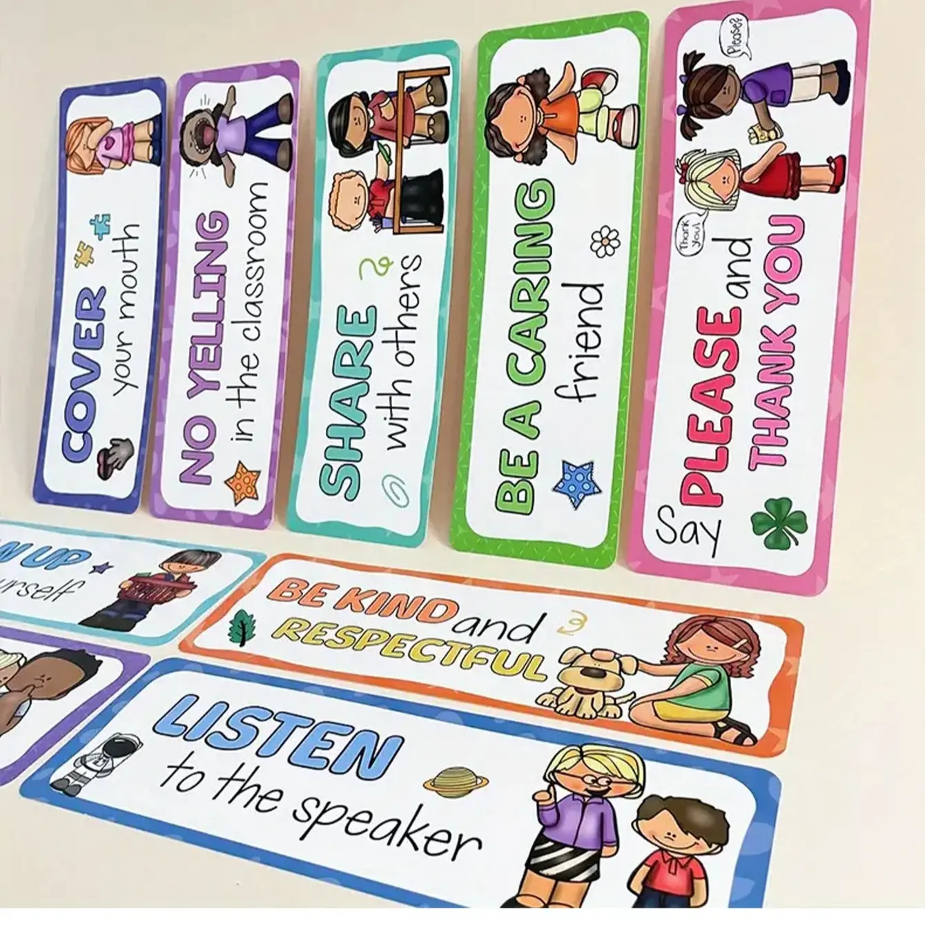 Classroom Rules Poster Set of 16, Durable and Vivid Educational Wall Art for Kids Rooms, Creative Play Space Decoration, Classroom Supplies