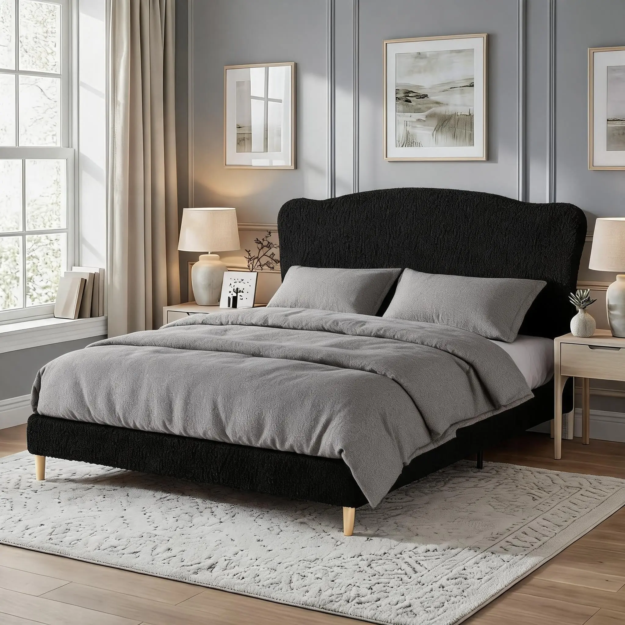 【GARVEE】Queen Size Bed Frame with Upholstered Headboard – Soft Bouclé Fabric Low Profile Platform Bed with Rounded Corners – Heavy Duty Wooden Slats Support, Noise Free, No Box Spring Needed – Black