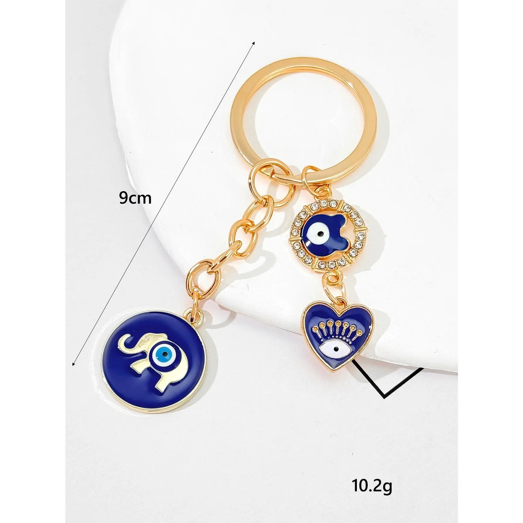 Blue Evil Eye Keychain, Gold Metal Rhinestone Elephant & Heart Charm Key Ring, Decorative Pendant for Backpack Purse Handbag Car, Fashion Jewelry Gift