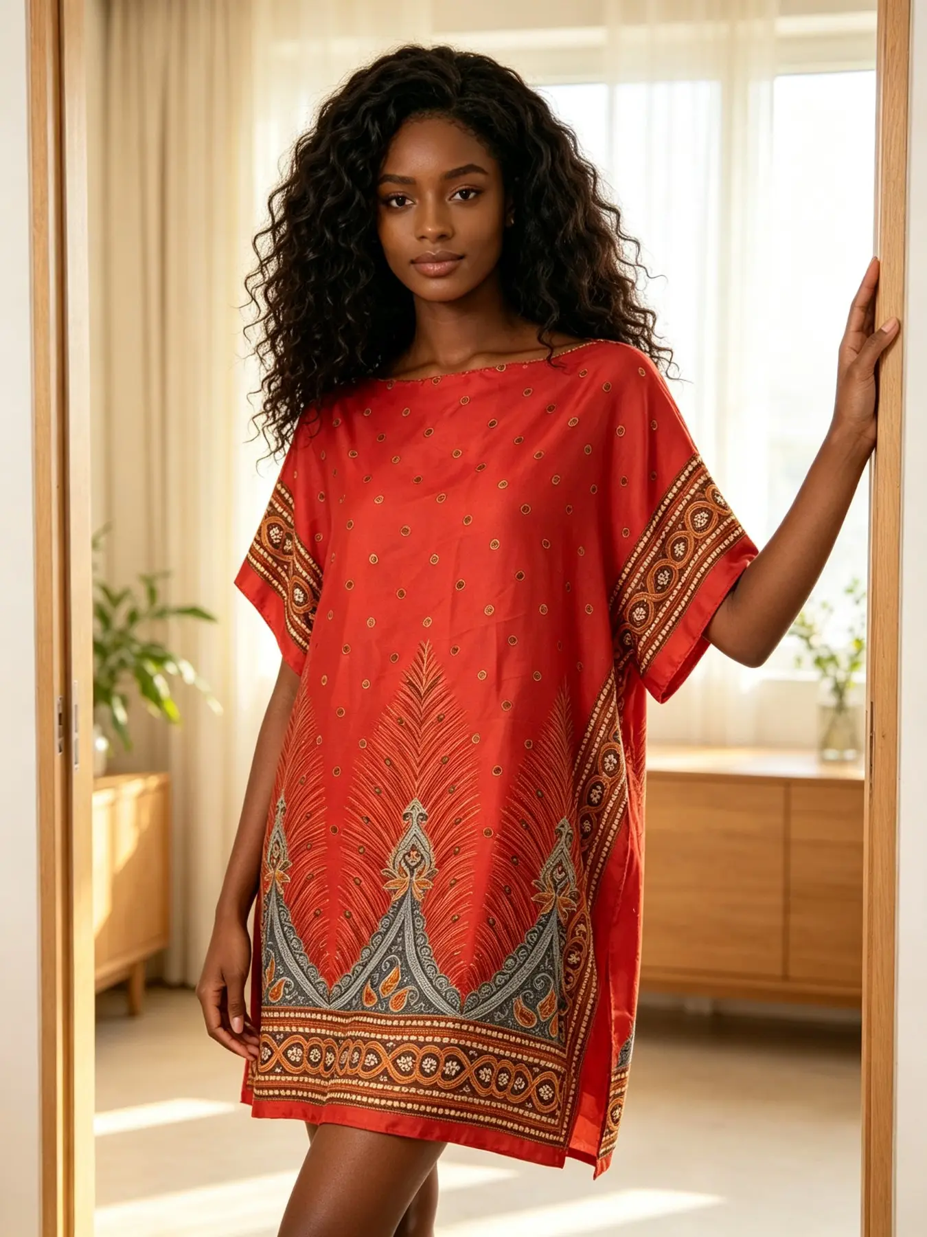 Women's Ethnic Style Peacock Feather Print Kaftan, Loose-Fit Casual Outerwear, Soft Home Wear for Daily Relaxation