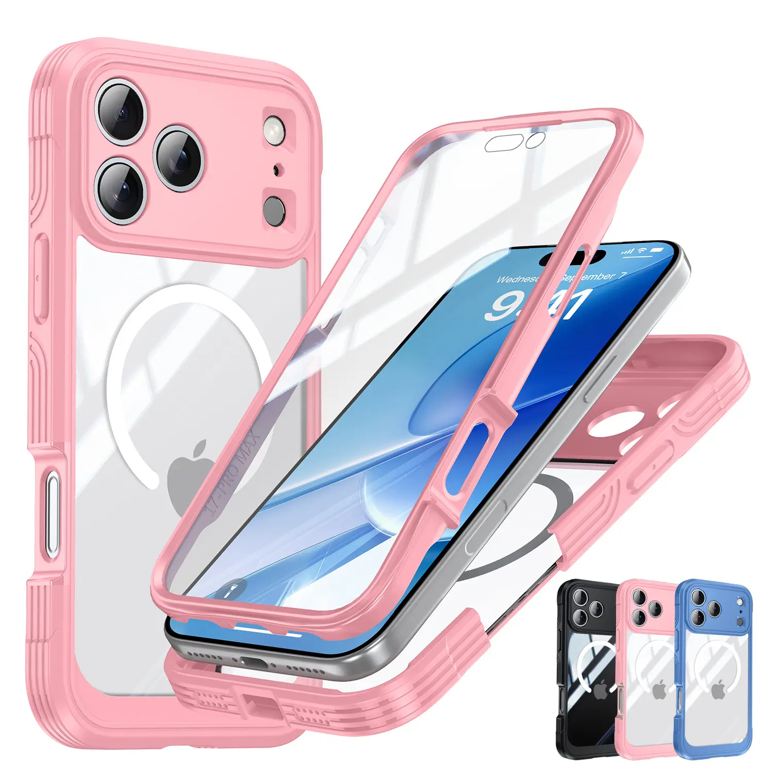 OREKROY 360° Full Body Rugged Clear Case for iPhone 17 Pro Max / 16 / 15 – MagSafe Compatible Military Shockproof Cover, Built-in Screen Protector & Camera Lens Protection, Transparent TPU Bumper Case