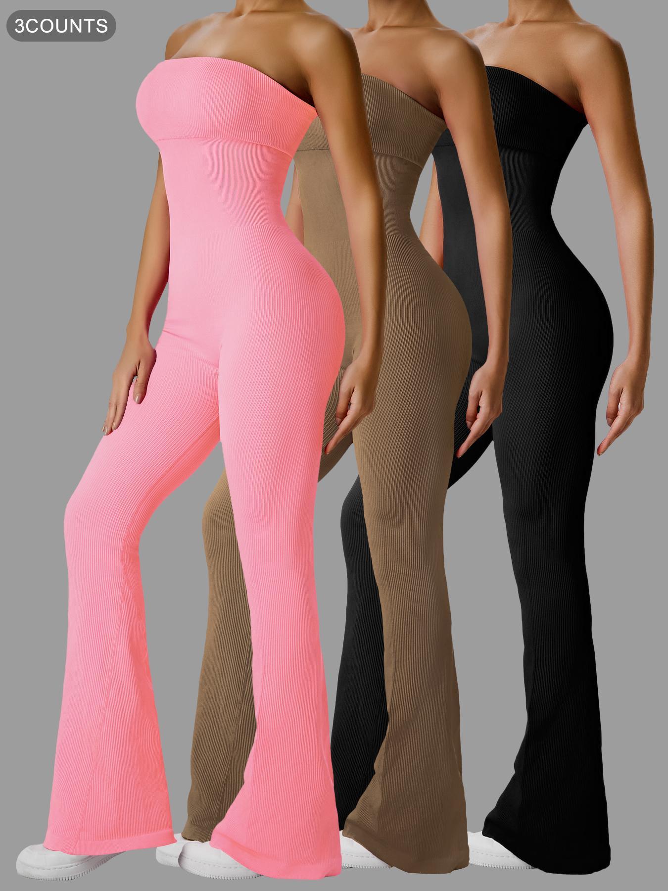 Women's Sexy Yoga Ribbed One Piece Tube Jumpsuit Rompers Flared Trousers Tights Push-up Sports Bodysuit Women Fitness Suit Workout Sportswear Gym Sportswear Jumpsuits