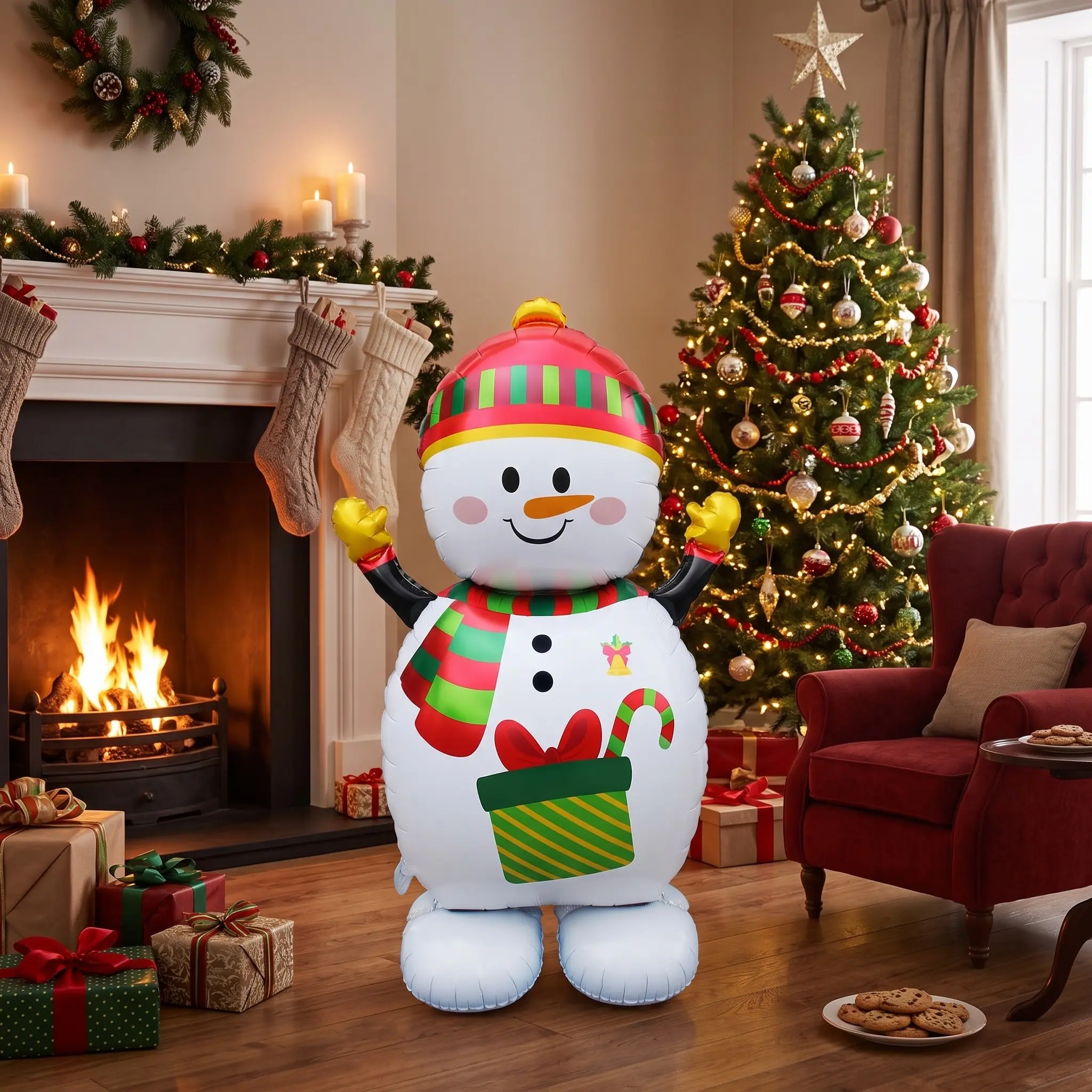 51in Giant Standing Snowman Foil Balloon, Christmas Party Photo Booth Decor, Reusable Inflatable for Winter Wonderland Events