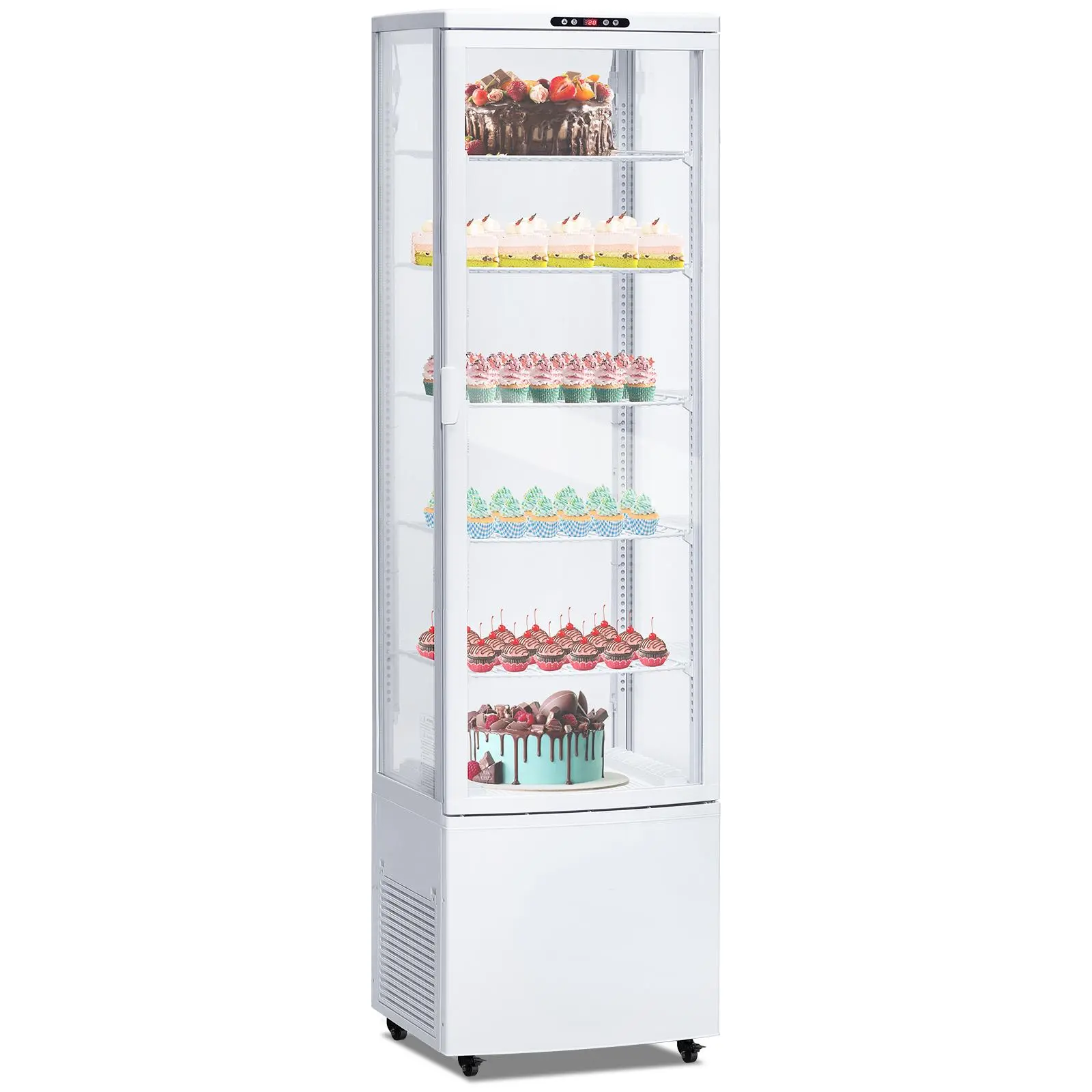 10.9 Cu.Ft Commercial Tempered Glass Door Display Refrigerator for Restaurants – Countertop/Floor-Standing Beverage & Pastry Cooler, Backlit LED Lighting, Adjustable Shelves, Auto Defrost, Sliding Doors, Wheels