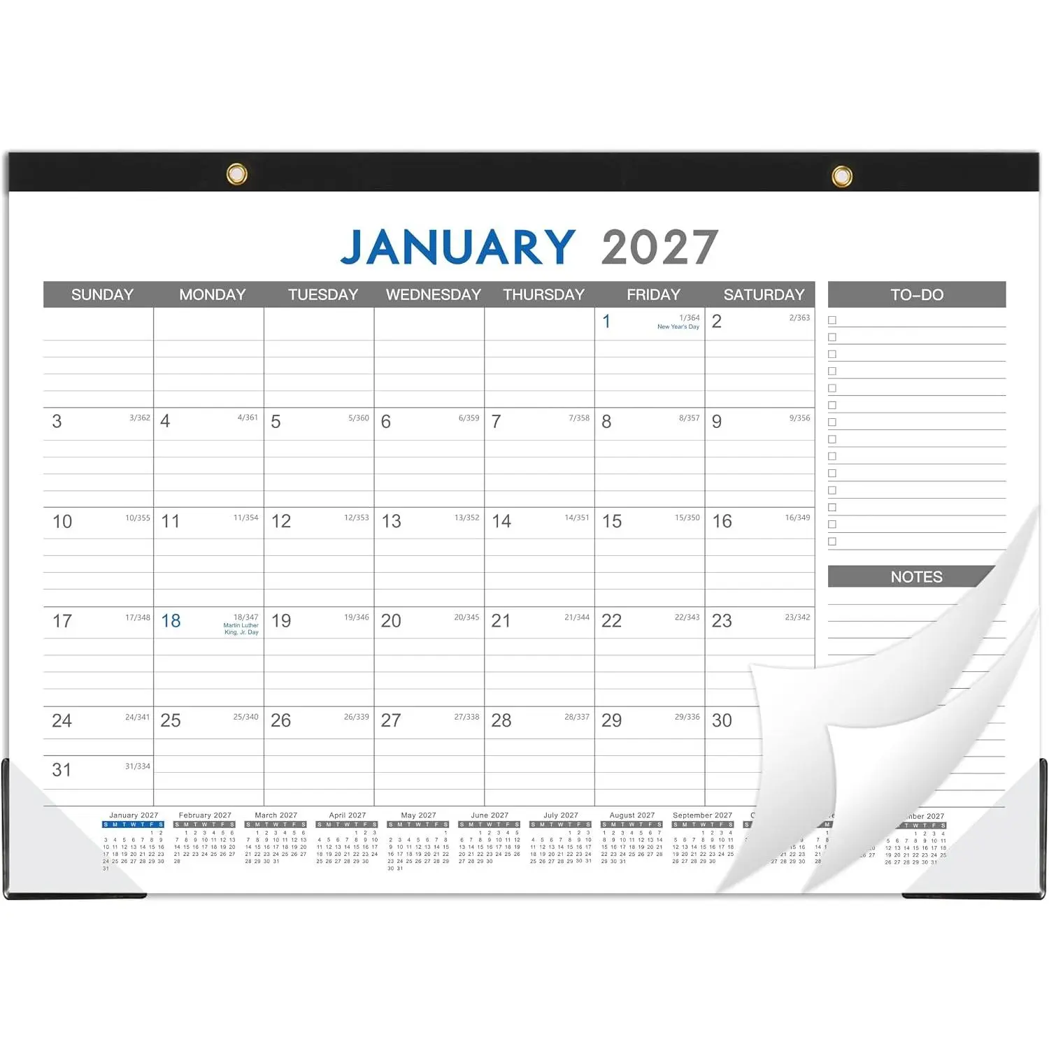 2027 Desk Calendar - 12 Months Calendar from January 2027 to December 2027 | 12 Months Calendar Pad with Black Corner Protectors, 17" x 12", Large Ruled Blocks, Large Office Desk Top Calendar