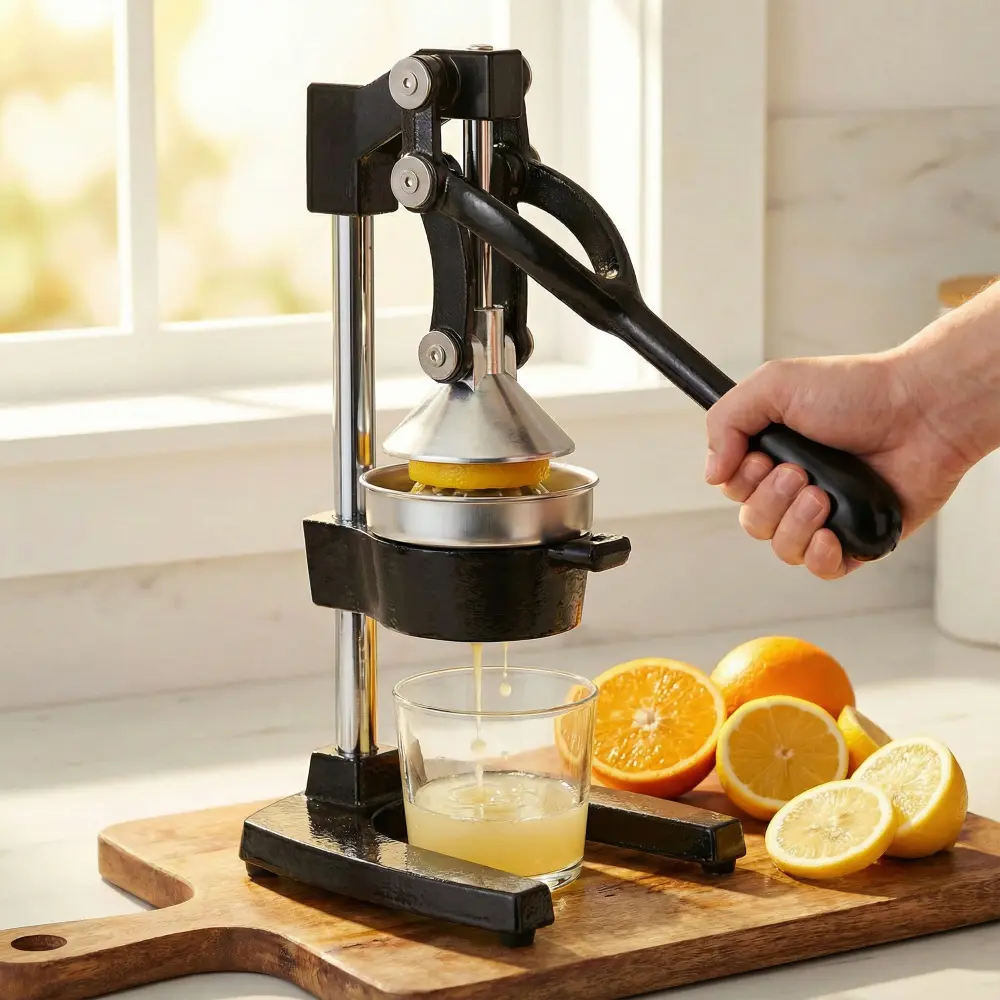 Commercial Grade Heavy Duty Cast Iron Citrus Juicer, Manual Orange Juice Press with Extra Large Pressing Cone, Countertop Fruit Juicer for Fresh Juice, Bar & Kitchen Use, Black