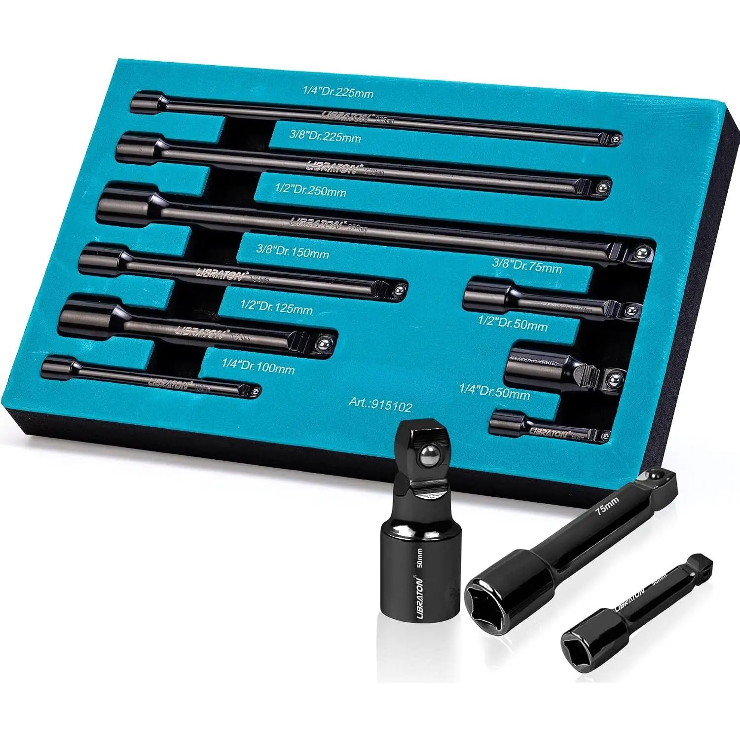 Wobble Extension Set, Socket Extensions Set, Ratchet Extensions 1/4", 3/8", 1/2", Cr-V, with EVA Storage Tray