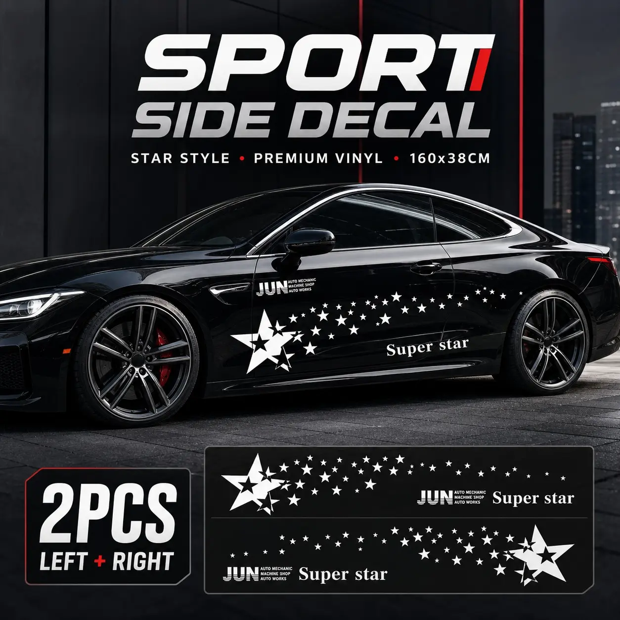 Stand out with this Superstar star trail side decal! Fits sedans coupes SUVs. The vinyl decal adds a sporty racing look to your car door. Includes left and right pair for a symmetric finish. Waterproof UV resistant. Easy apply, residue free removal