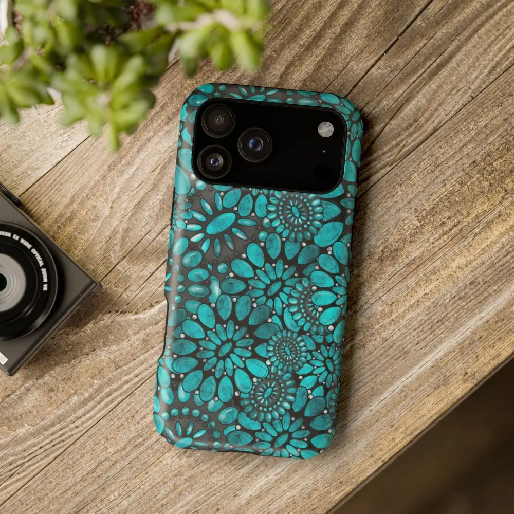 Turquoise Western Pattern Glossy Film Phone Case Compatible with IPhone 17 16 15 14 13 12 11 Pro Max Plus Air E Samsung Galaxy S24 Plus S25 S22+ Ultra FE Edge Shock Absorbing Design Durable Shockproof Cover
