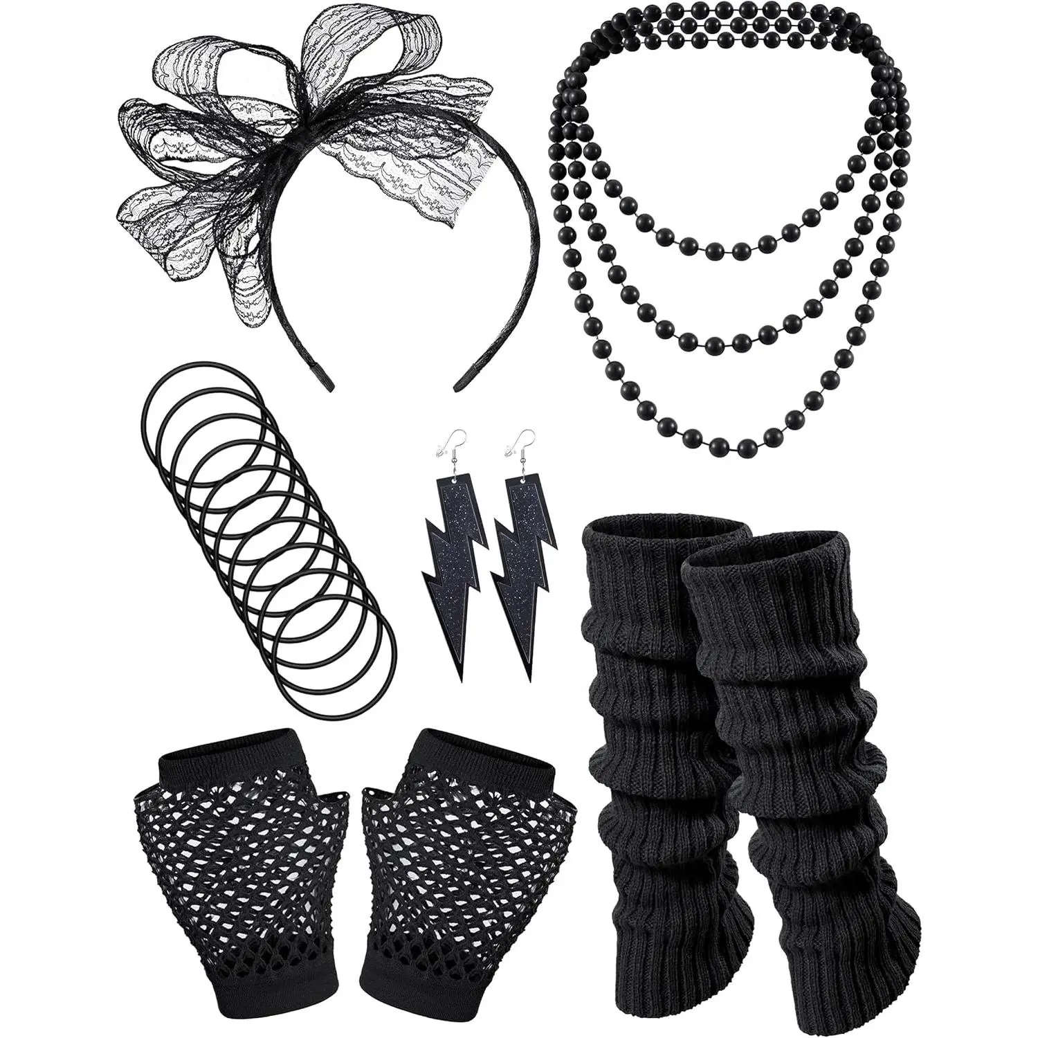 80S Fancy Dress Costume Accessories Headband Errings Fishnet Gloves Necklace Bracelt Leg Warmers Party Outfit Set