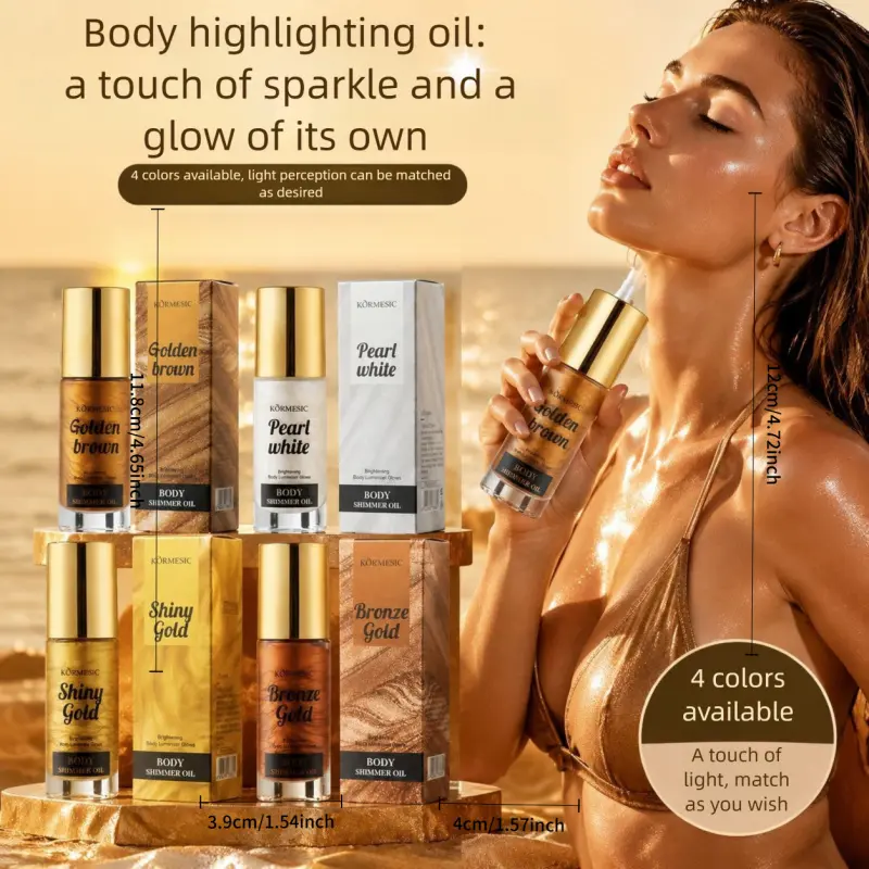 KORMESIC 4 Shades Body Shimmer Highlight Oil, Sparkly Shimmer, Pearl White/Shiny Gold/Bronze, Lightweight Hydrating Liquid Luminizer, Diamond Glow Sculpt Contour, Fix Dull Dry Skin, Long Lasting No Streaks, Party Beach Body Highlighter Makeup