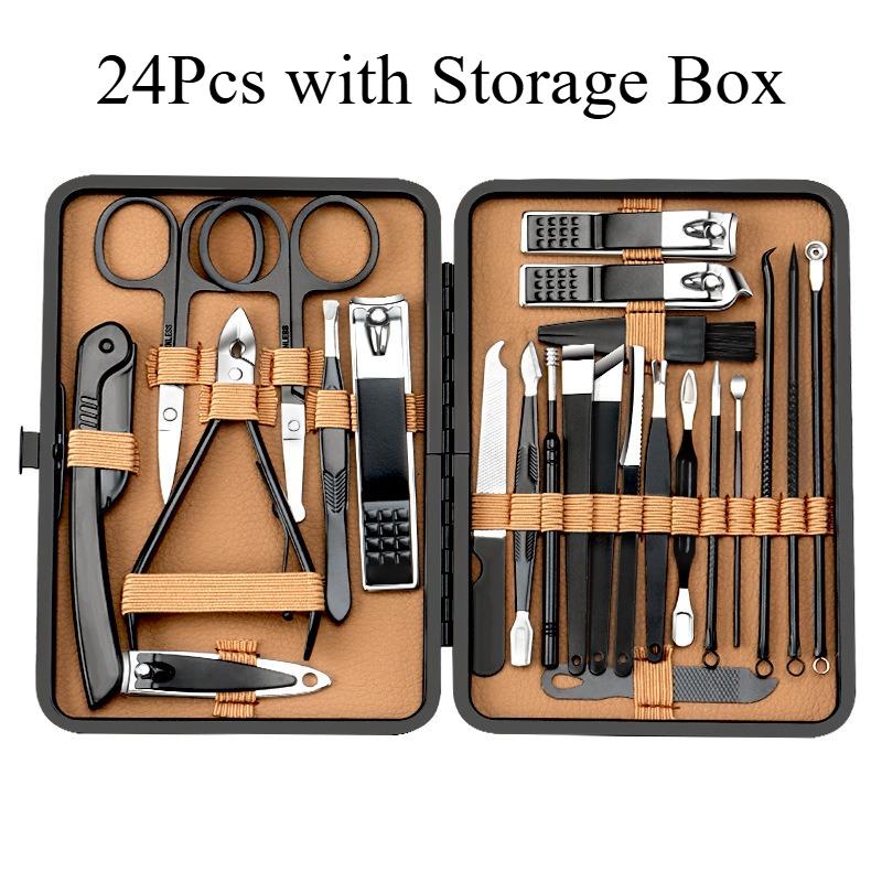 24Pcs Professional Manicure Set, Black Stainless Steel Nail Clipper Kit with Travel Case, Portable Grooming Scissors & Pedicure Tools for Hand Facial Foot Care, Ideal Gift for Men and Women