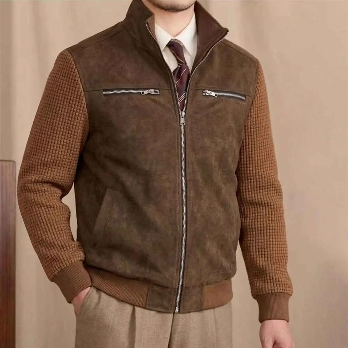 Men's collar full zipper splicing jacket, featuring a brushed effect body with textured sleeves and metal zipper pockets, a sleek functional jacket layer, classic urban style, suitable for autumn and winter commuting, travel, and daily life.