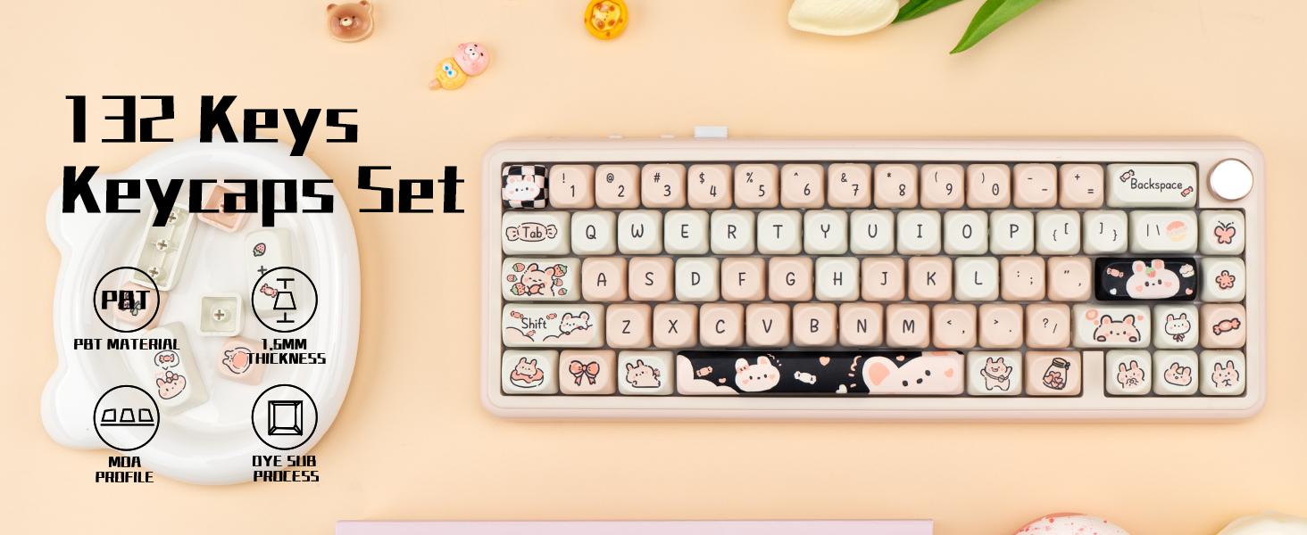 PBT Keycaps 132 Keys Dye-Sublimation Kawaii Pink MOA Profile Custom Cute Keycaps Set Compatible with Cherry Gateron Kailh MX Switches for All Mechanical Keyboards
