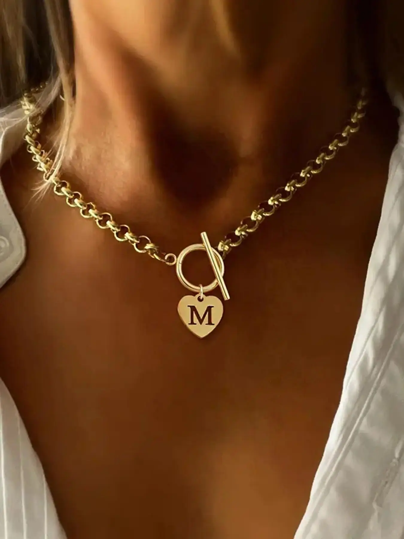 Initial Necklace — Stainless Steel Heart Pendant & Toggle Clasp Necklace — Stylish, Elegant, and Versatile for Women (Gold-Tone) | OT-Clasp Necklace & Bracelet Set with Heart Pendant — Initial Engraving (A–Z) — Cute Pendant Necklace — Fashion Jewelry