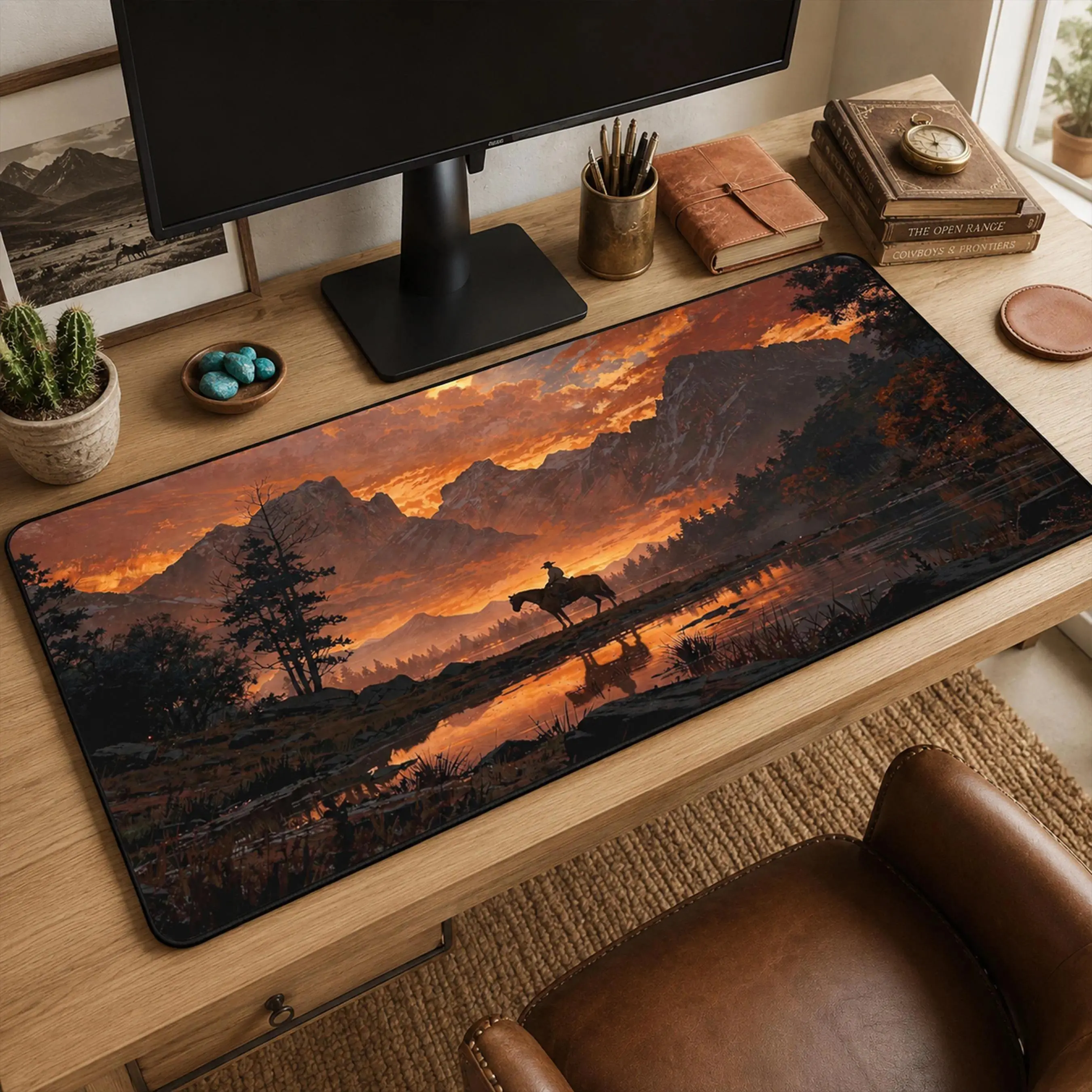 Fire Sky Cowboy Desk Mat - Western Home Decor 3mm Thick, 23.6"x13.8" Desert Art, Stitched Edges, Waterproof, High-Res Print, Anti-Slip Back, Desktop Protection Computer Mouse Pad for Office Gamers