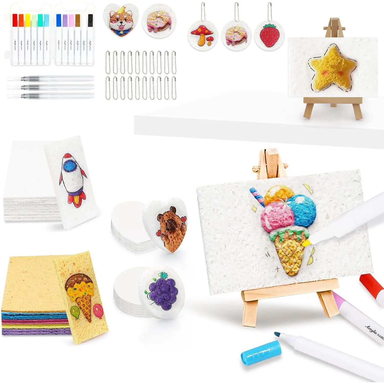 96 count Magic Puffy ,  Texture Painting Kit with 40 Keychains, Drawing Magic Canvas Sponge Including 40 count  Texture Paper, 12 Colors Brush Tip   Markers