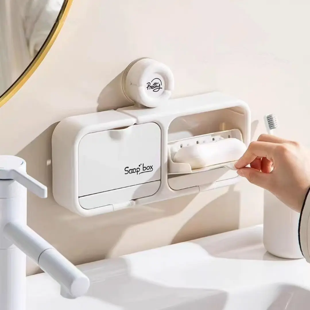 Suction Cup Soap Dish, Wall Mounted Soap Holder with Lid, Drainable Soap Box, No Drill Bathroom Shower Soap Storage Organizer