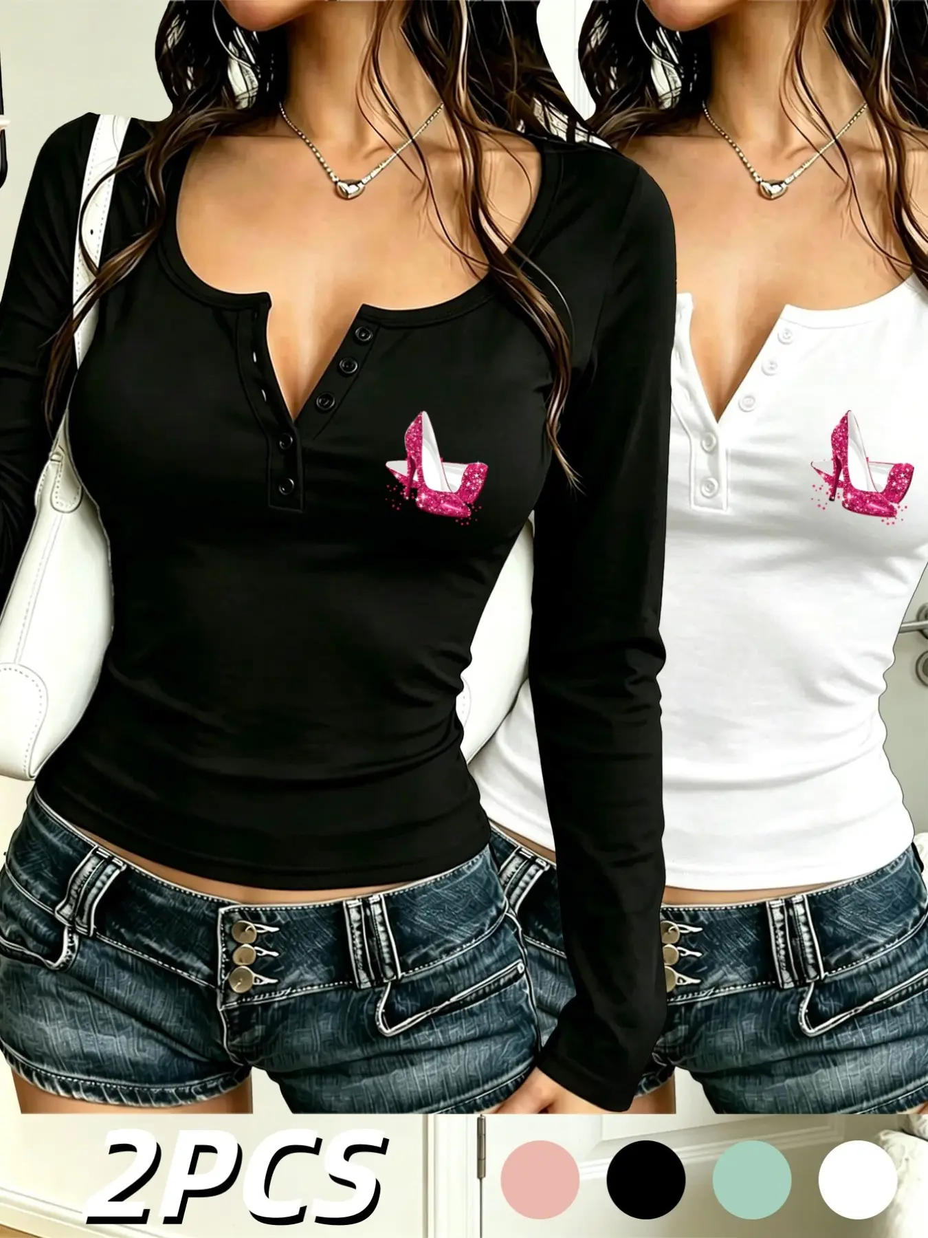 Women's Long Sleeve Henley T-Shirt, Spring & Fall New Arrival, Geometric Print, Sexy Fitted, Elastic, Two-Piece Set, Slimming Top