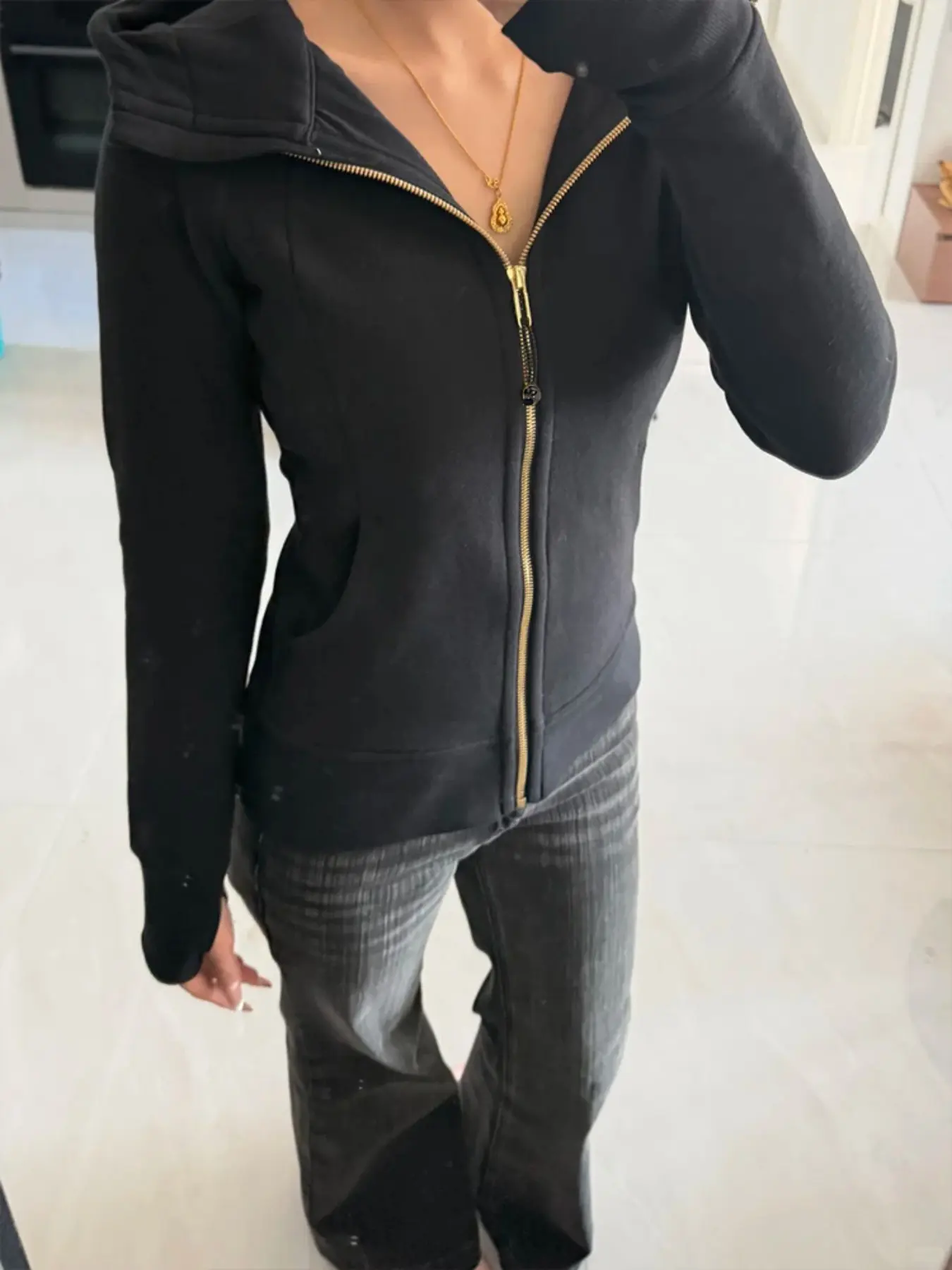 Women's Gold Zipper Hoodie, Loose Fit Casual Running Jacket, Warm Outerwear for Autumn Winter, Stylish and Comfortable