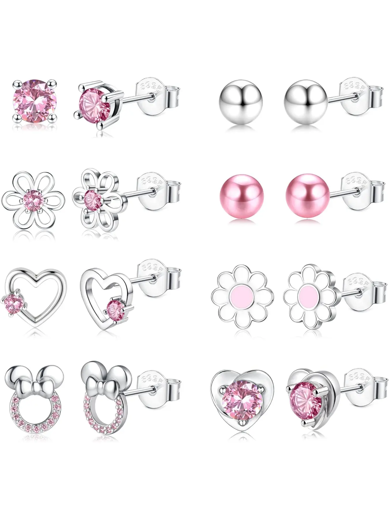8 Pairs 925 Sterling Silver Stud Earrings for Women & Girls, Hypoallergenic, Lightweight, Cz, Flower Daisy, Heart Butterfly Design, Stud Earrings Set