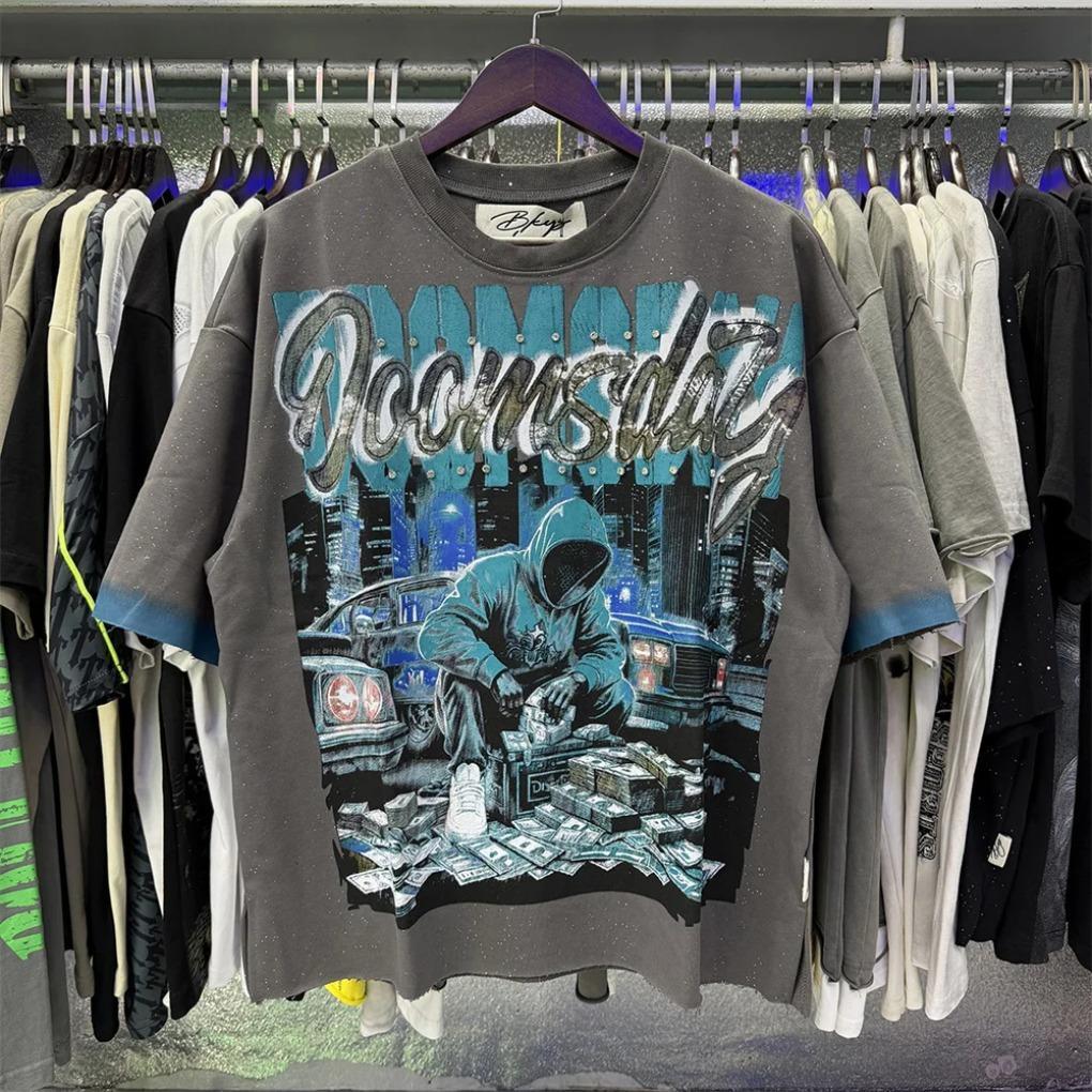 Rhinestone Logo Bling graffiti letter print T Shirt Men Women Grey wash loose casual Tees Fashion Harajuku Shinning Diamond Tops