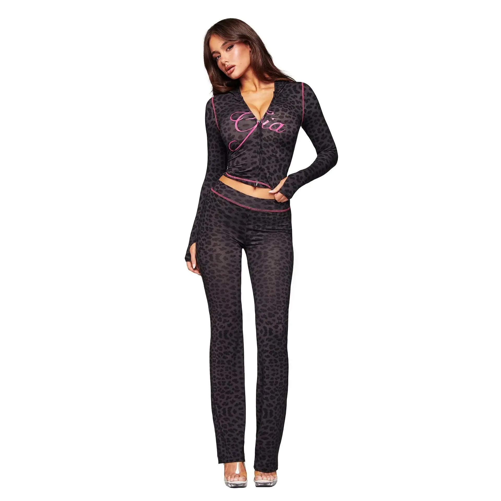 Women Leopard Print 2 Piece Outfit Zip Up Long Sleeve Top & Flare Pants Set Streetwear Casual Matching Tracksuit