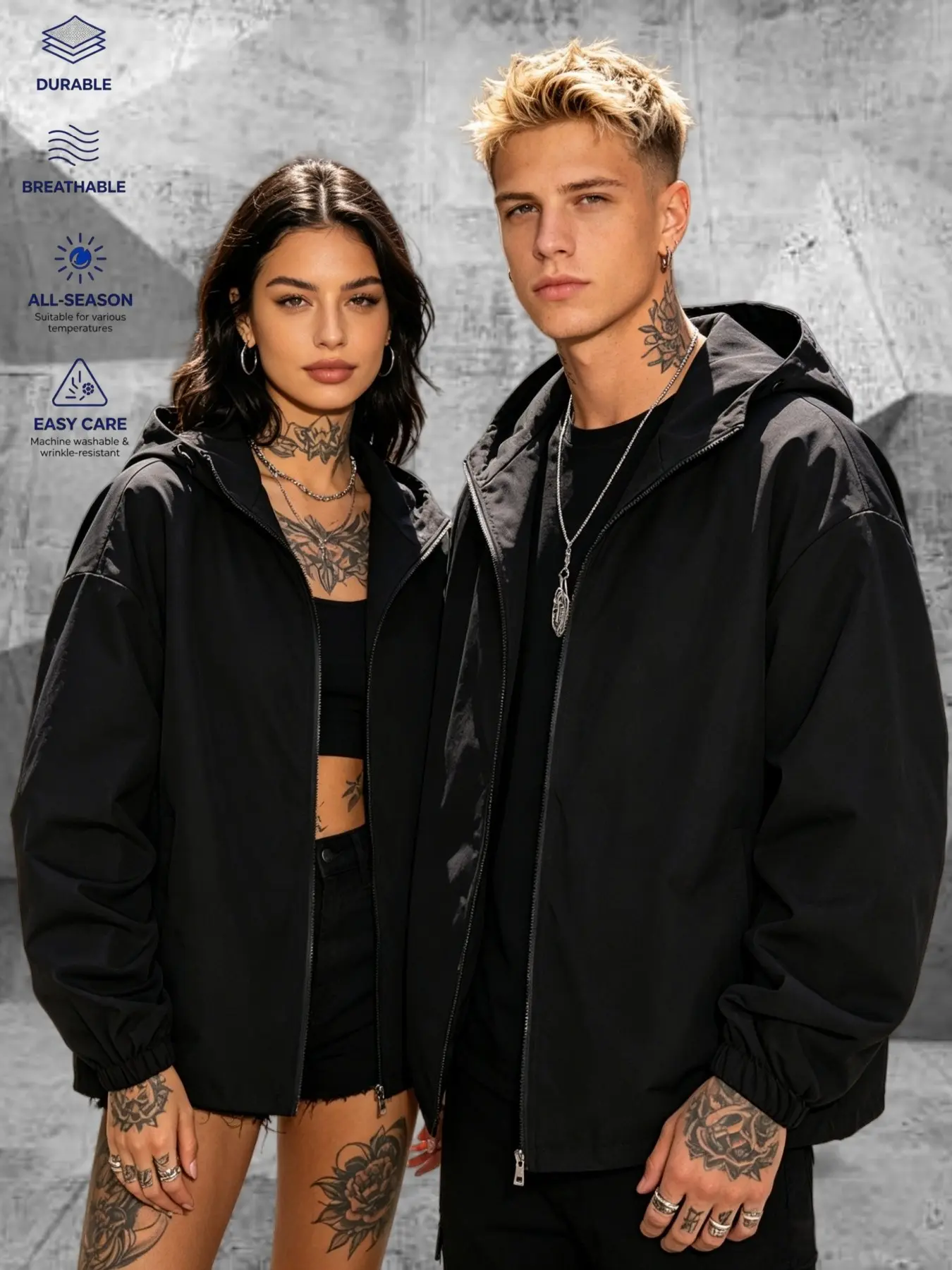 Couples Oversized Hooded Long Sleeve Windbreaker Jacket, Full Zip Loose Fit Elastic Cuffs Casual Outerwear, Breathable Durable Wrinkle Resistant All Season Daily Windproof Coat, Streetwear Travel Fitness Gym Commute Outfit