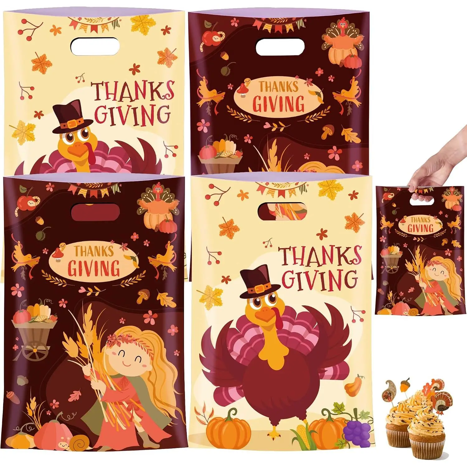 40 count Thanksgiving  Bags with Handles - Goodie Bags, Cute turkey Plastic Candy Bags for Party Favors Supplies (Thanksgiving)