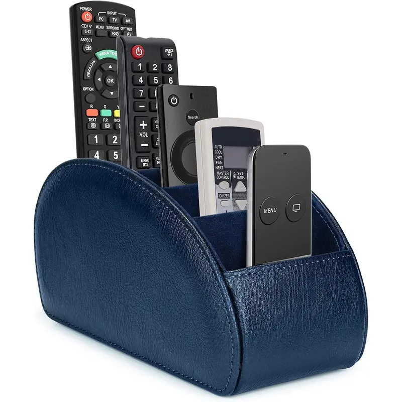 Remote Control Holder with 5 Compartments,Pu Leather Office Organization Storage Caddy Box, Multi Purpose Organizers for Tv Remote,Heater Controllers,Media Player,Office Supplies,Makeup Brush (Navy Blue)