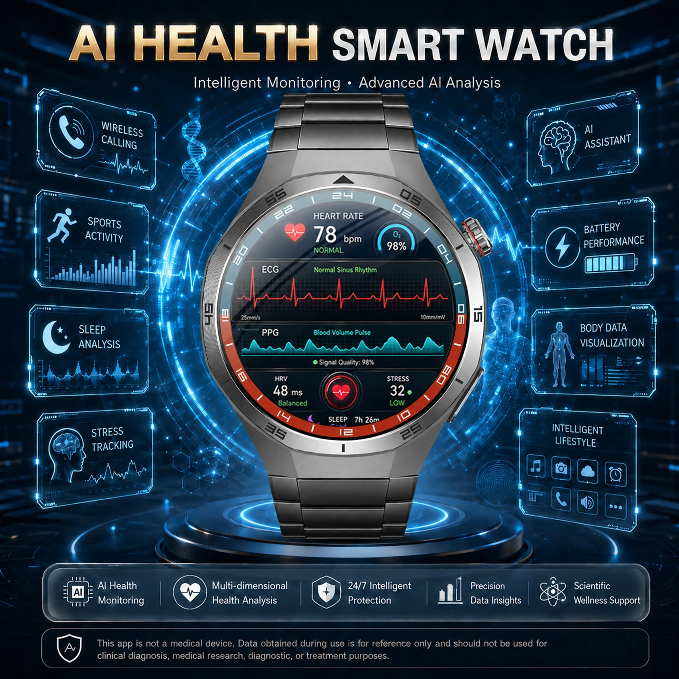NFC Health Smart Watch, Wireless Calling, 1.56 Inch Amoled, Bmi, Heart Rate, Blood Oxygen, Sleep, Stress Monitoring, 100+ Sports Modes, Unisex