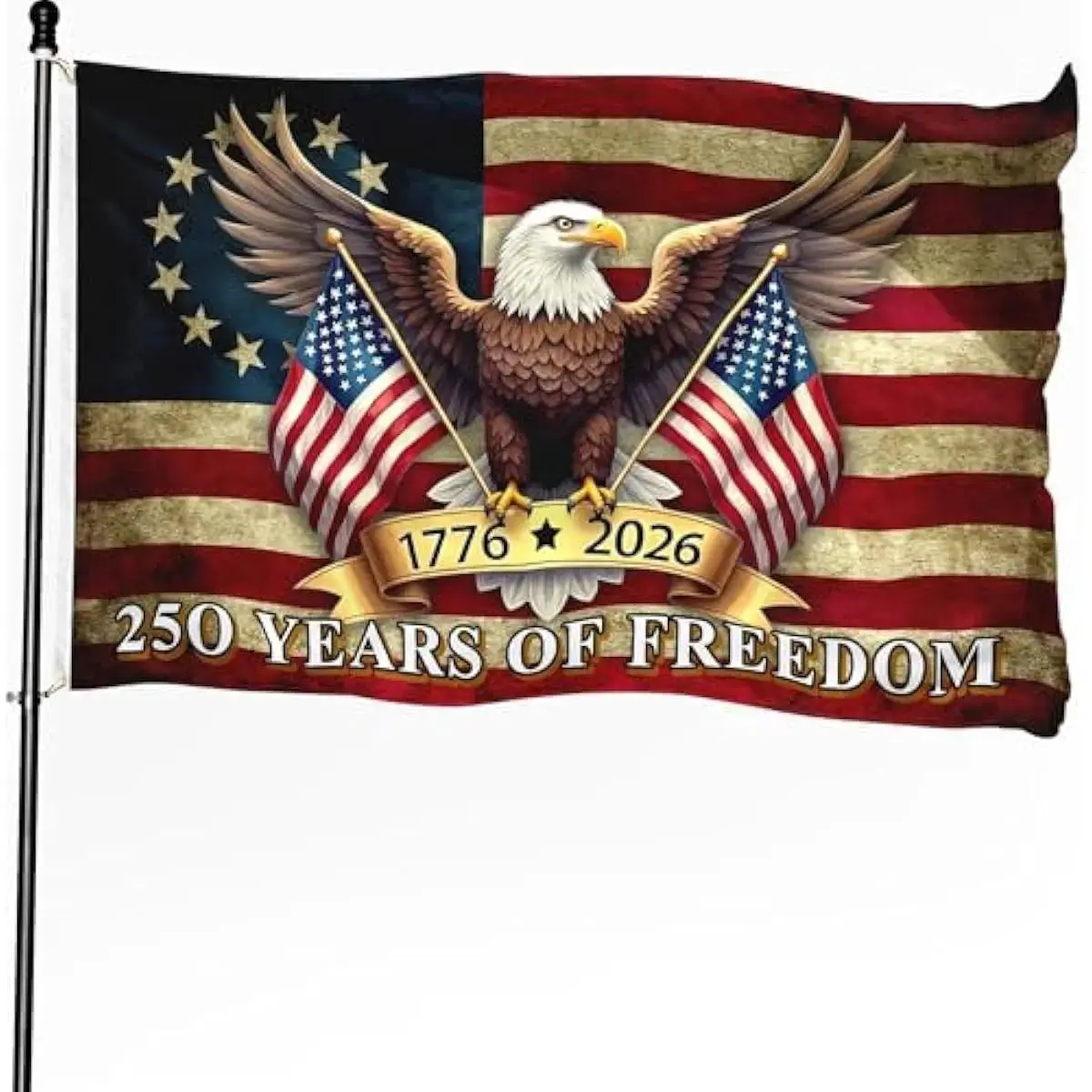 250th Anniversary Rectangular American Flag (4x6 ft, 3x5 ft) 1776-2026 USA Freedom Flag, 100% Polyester Double-Stitched with Brass Grommets, Fade-Resistant Hanging Indoor Outdoor Patriotic Eagle Motif Fourth of July Decoration, No Flagpole
