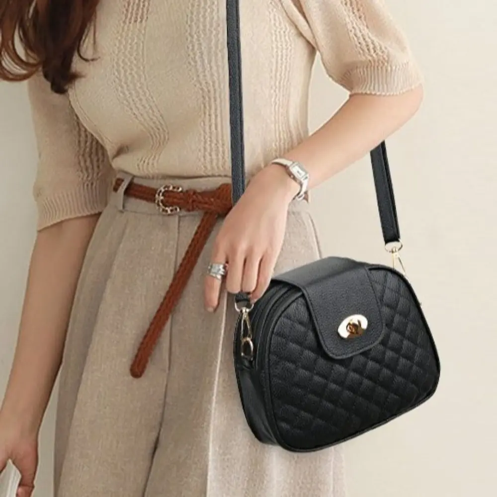 Chic Diamond Quilted Crossbody Bag for Women, Cute Round PU Leather Purse with Multi-Pockets and Twist Lock, Casual Handbag with Wide Strap, Gifts For Women, Adjustable Strap, Bags, Hangable, Multi-Compartment