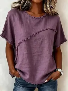 Summer Bamboo Fiber Fringe Short Sleeve T-Shirt for Women, Casual Loose Lazy Style Round Neck Top, French Vintage Conceal Fat Slim Fit Shirt