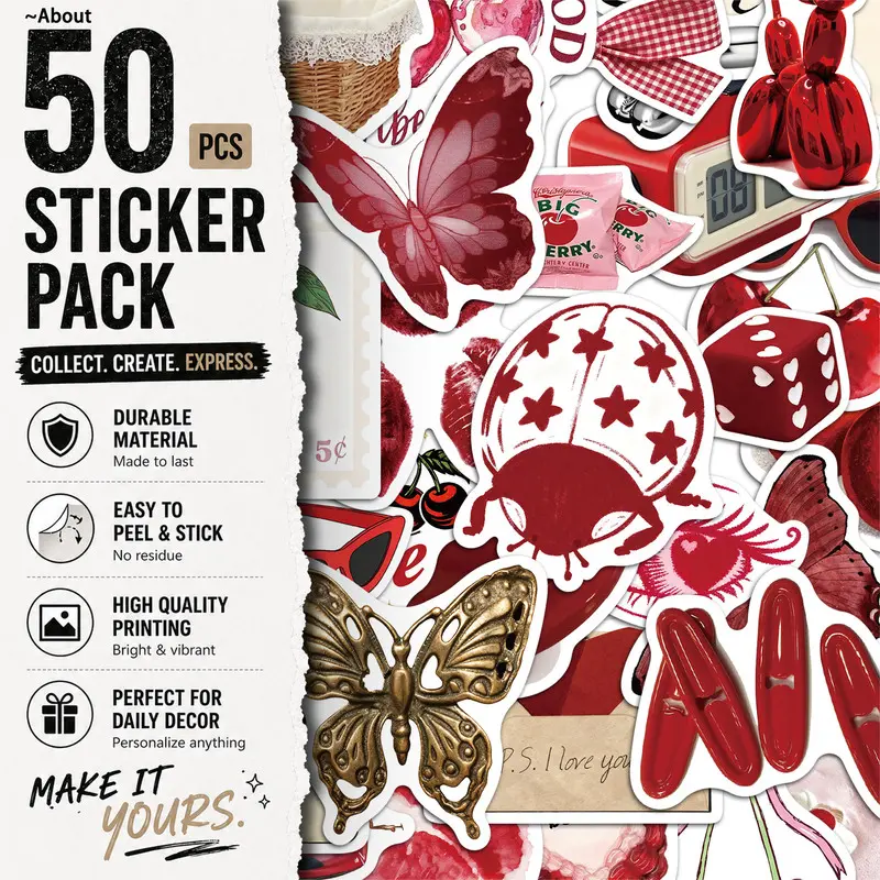50PCS Cherry Coloured Girl Aesthetic Vinyl Stickers Pack for Laptop Water Bottle Phone Case Skateboard Journal Scrapbook DIY Decoration