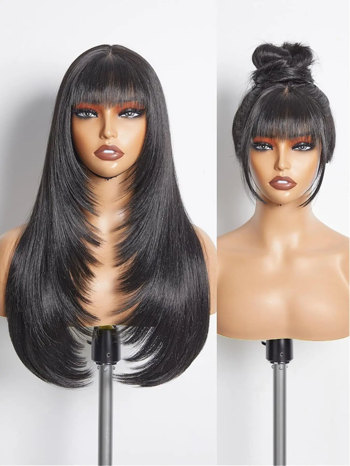 200% Density 26 Inch Black Wig with Bangs Long Black Wig for Women Synthetic Heat-Resistant Hair Layered Style Hair for Daily and Party Use