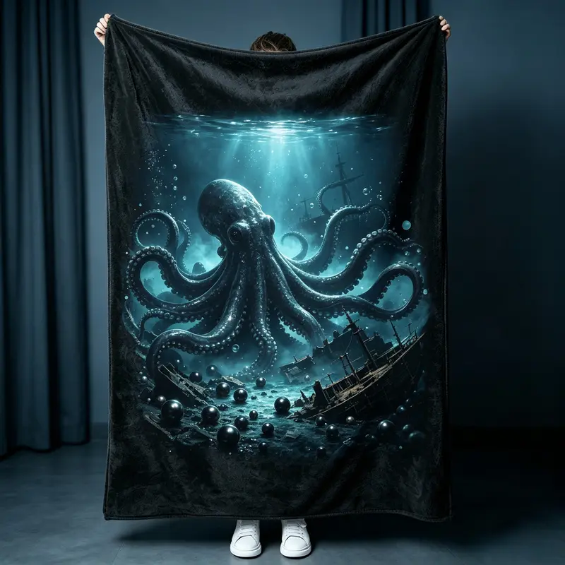 Deep Sea Giant Octopus Sunken Ship Underwater Scene Flannel Throw Blanket, Soft Cozy Black Velvet Bed Sofa Blanket, Dark Ocean Horror Themed Home Decor Blanket