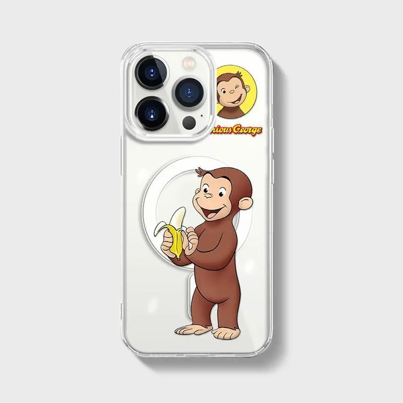 Minimalist phone case with Curious George design, cute style, suitable for iPhone 17 Pro Max, 16 Plus, 15, 14, 13, 12, 11, transparent shockproof protective case.QXG830 i̇phone  max  cases