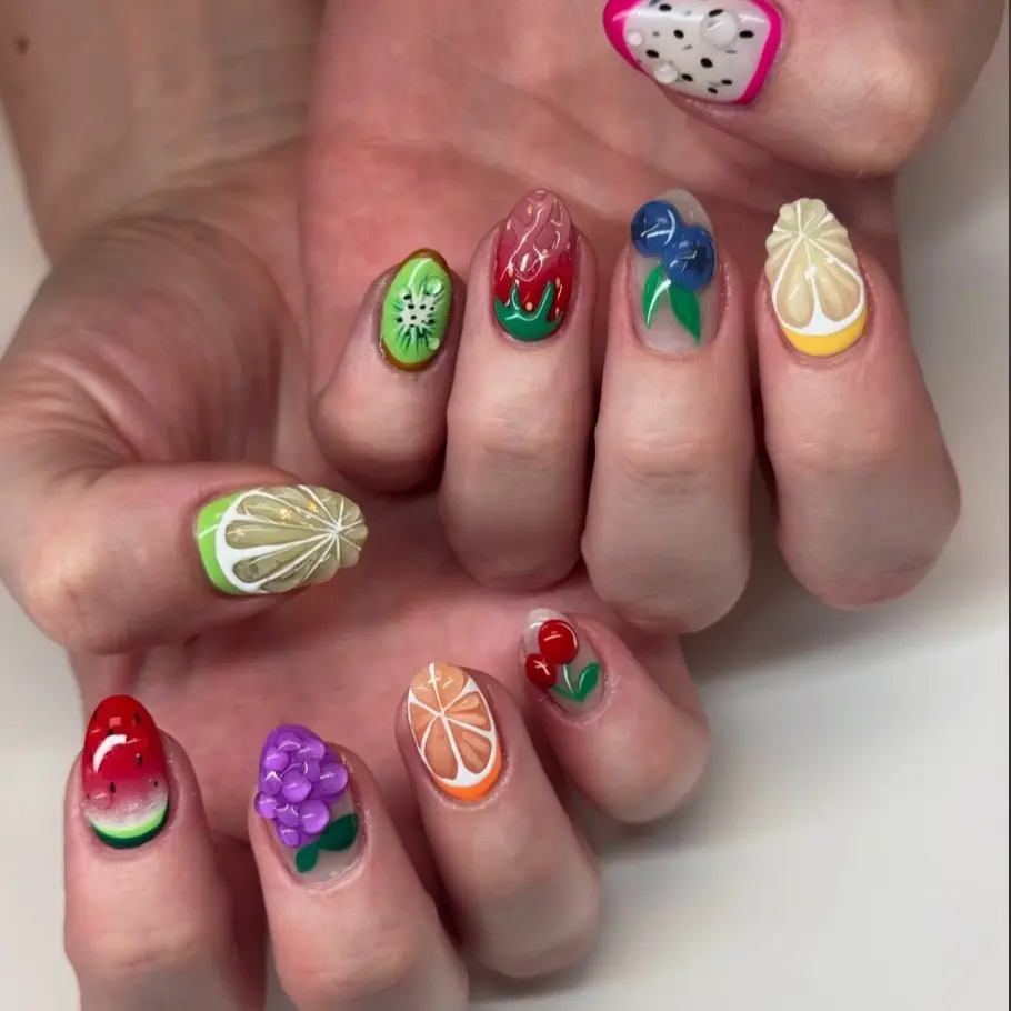 30pcs Short Water Drop Fruit Pattern False Nails, Fake Nails, Women's Casual Reusable Nail Art, Party & Outing Ready, Includes Gel & File