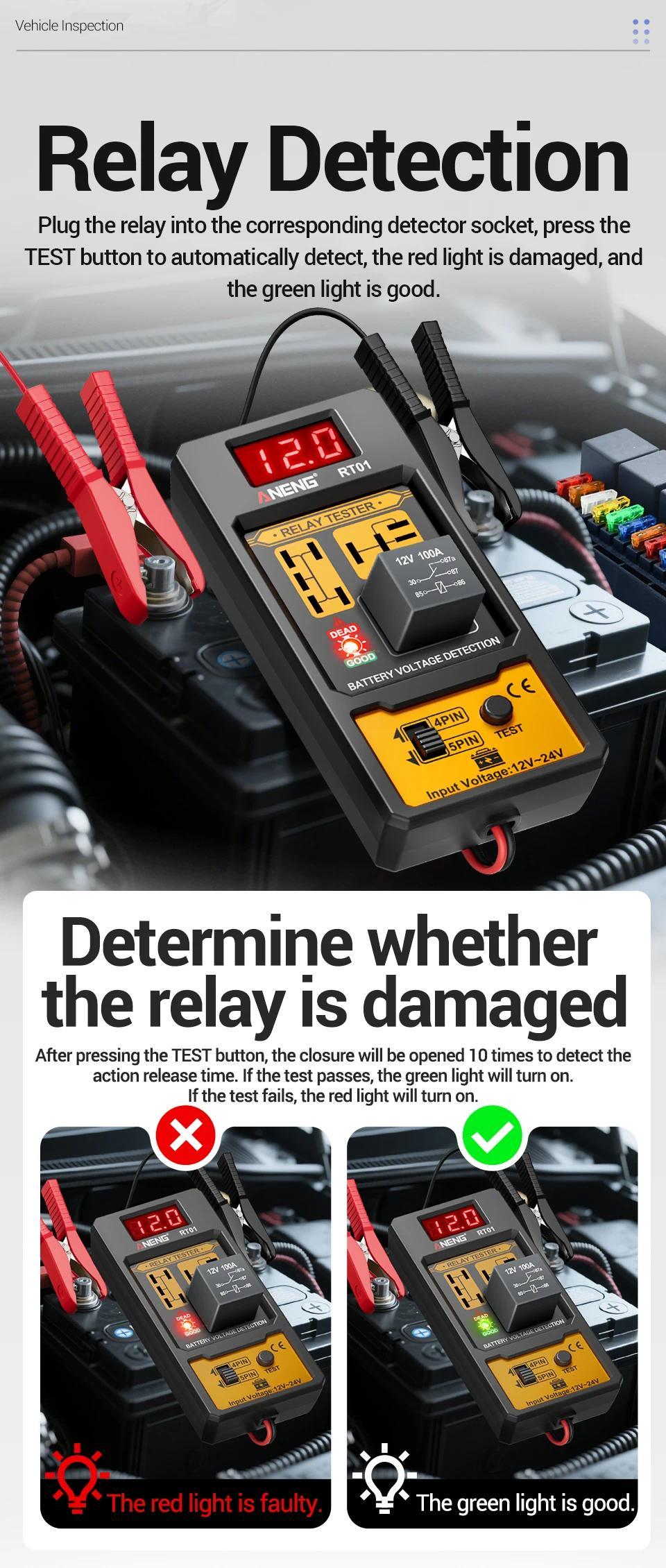 Relay Detector 11-25V ANENG RT01 Digital Universal 4/5 Pins Car Battery Vehicle Detection Digital Display Voltage Battery Tester