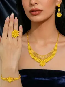 4 pieces per set of gold-plated Elegant Jewelry Set for Arab ladies in the Middle East, fashionable and luxurious design, flower necklace, ring, bracelet, earrings, adjustable, suitable for bridal wedding party, banquet gift jewelry.