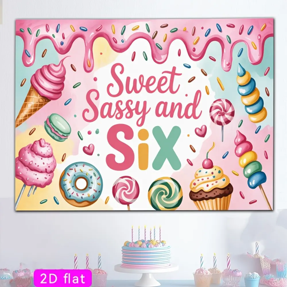 6th Birthday 2D Flat Banner, Sweet Candy Themed HD Digitally Printed Polyester Backdrop, Soft Lightweight Foldable Machine Washable Cloth, Cartoon Sprinkle & Colorful Balls Festive Backdrops & Banners for Party Photos, Portrait Shooting