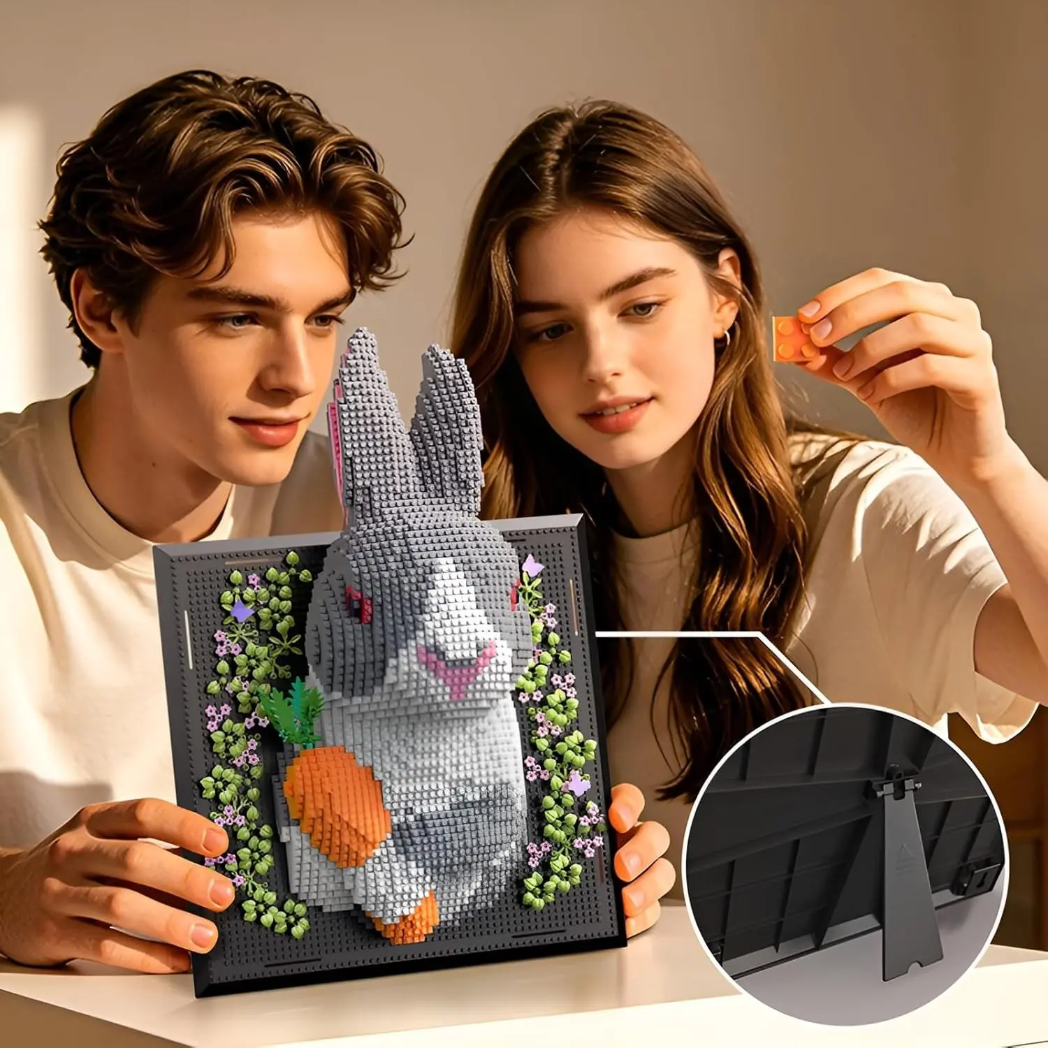 1500+pcs 3D Embossed Rabbit Carrot Micro Particle Puzzle Wall Art, Animal Series DIY Mosaic Hanging Decor, Adult Stress Relief Gift, Home Room Decoration