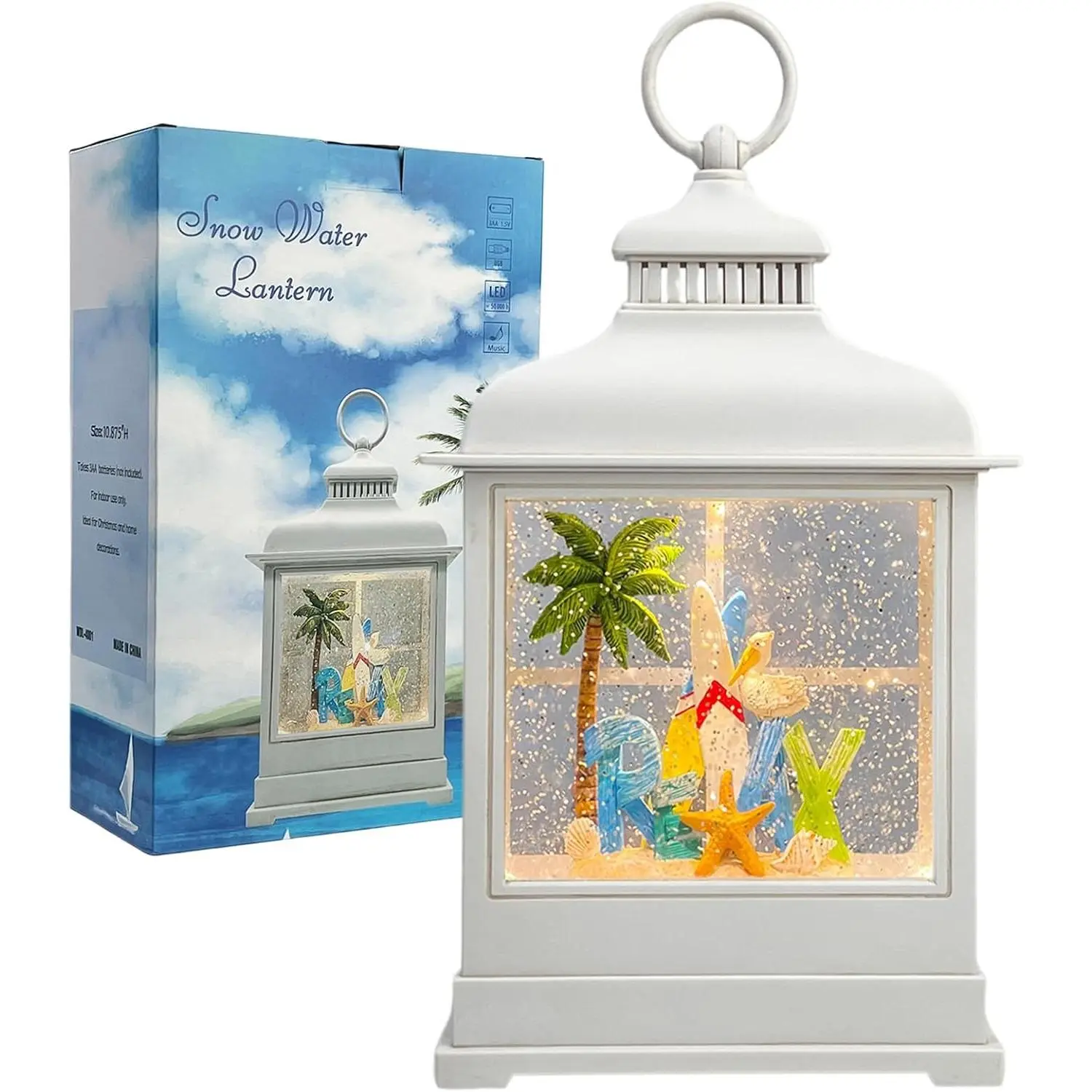 Tropical Beach Vacation Themed Snow Globe Lantern with Music - USB or Battery Powered Light Up Water Lantern with Surfboard Swirling Glitter Water Globe Costal Ocean Decor (Coconut Tree)
