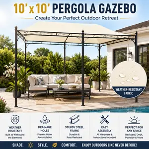 Outsunny 10x10 Steel Outdoor Pergola Gazebo Patio Canopy with Weather Resistant Fabric Drainage Holes Outside Metal Shelter for Backyard Pool Deck Garden Sun Shade Pavilion Porch Cabana Furniture Cream White