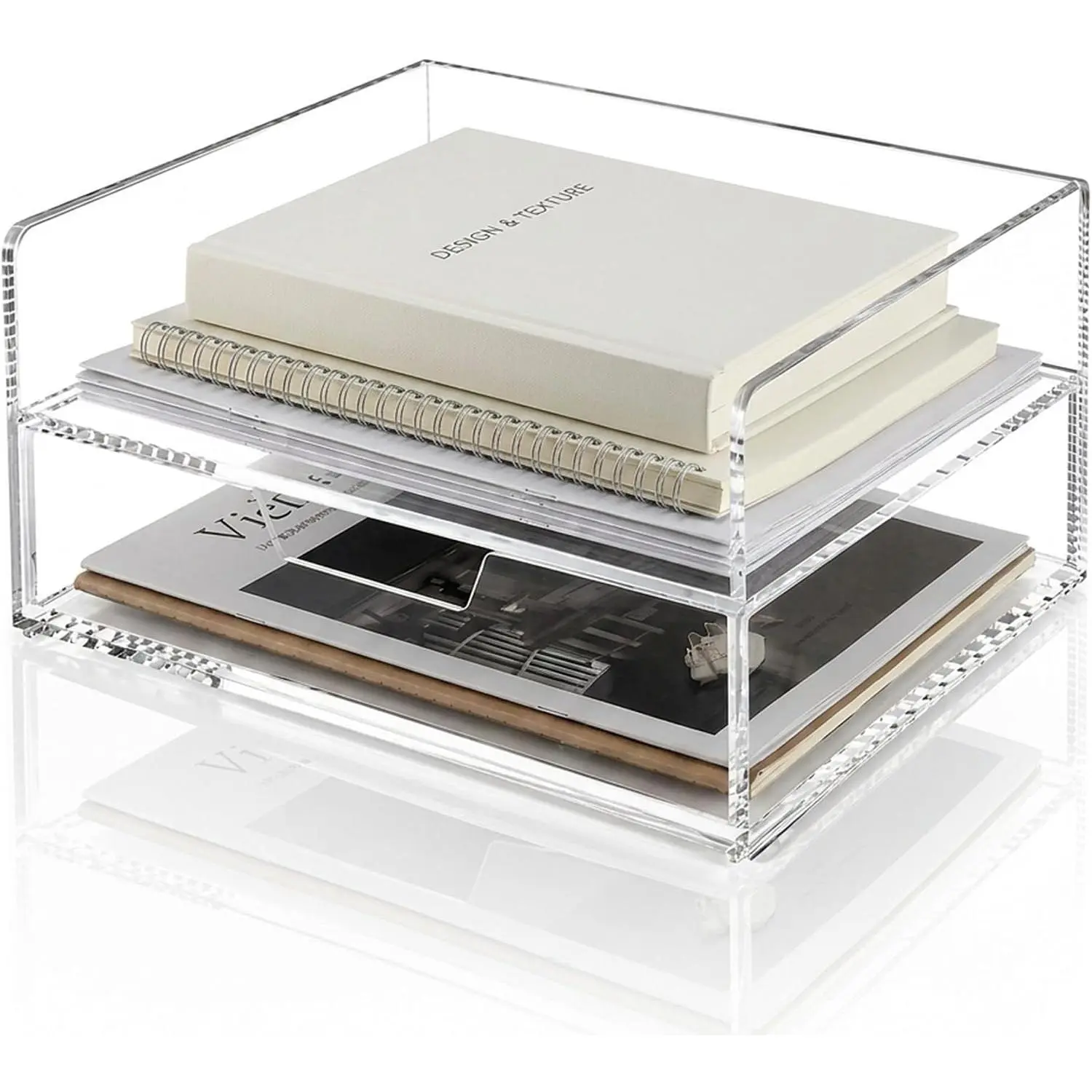 2-Tier Paper Tray Organizer with Drawer - Stackable  Desk Organizer | clear document sorter, vertical file holders, letter storage, workspace accessories, , office, school, teachers, students