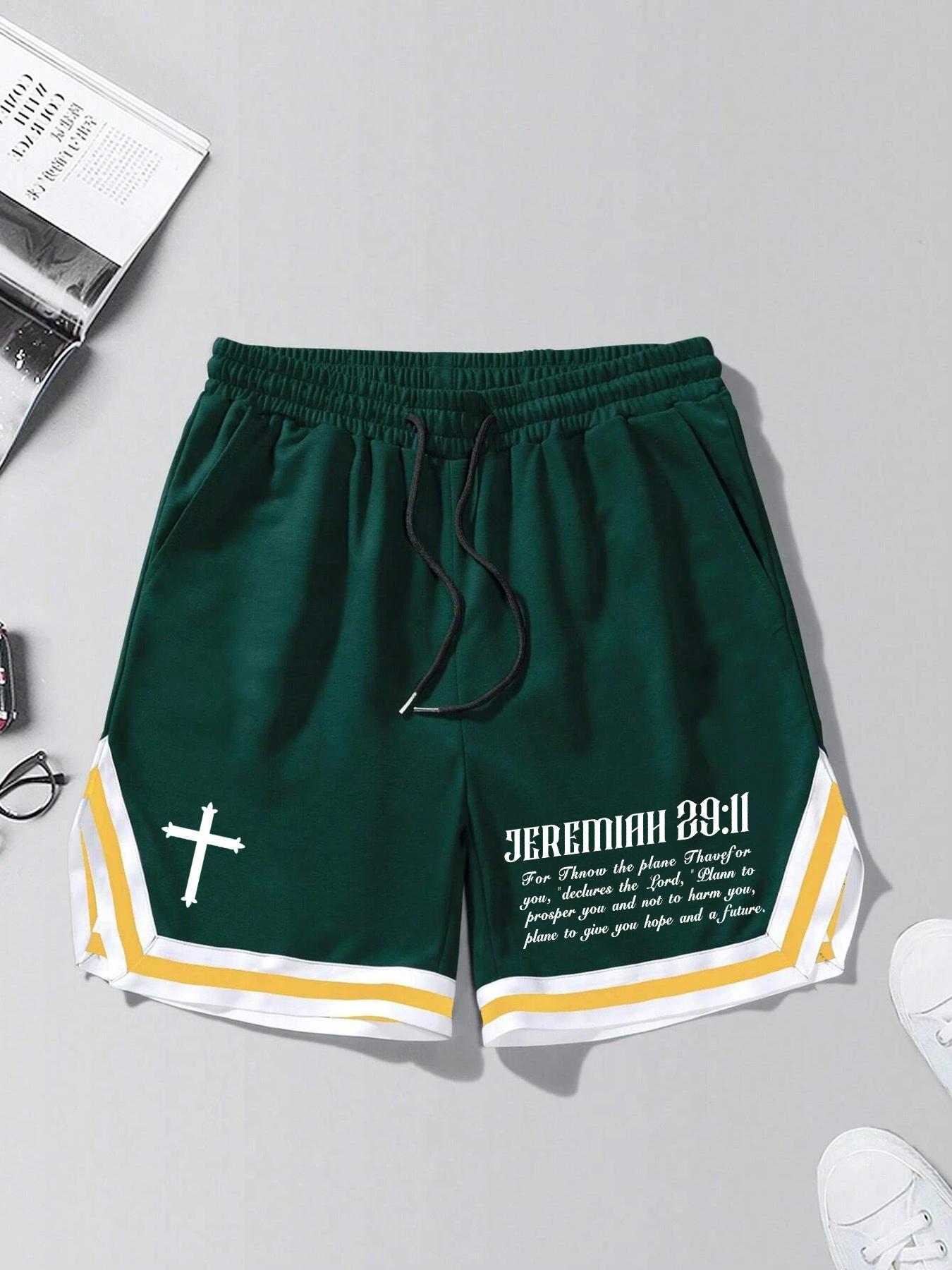 Men's Cross & Letter Print Drawstring Baggy Shorts, Loose Casual Streetwear Striped Trim Elastic Waist Pocket Track Shorts Polyester for Summer, Fashion Men's Baggy Bottoms for Daily Wear