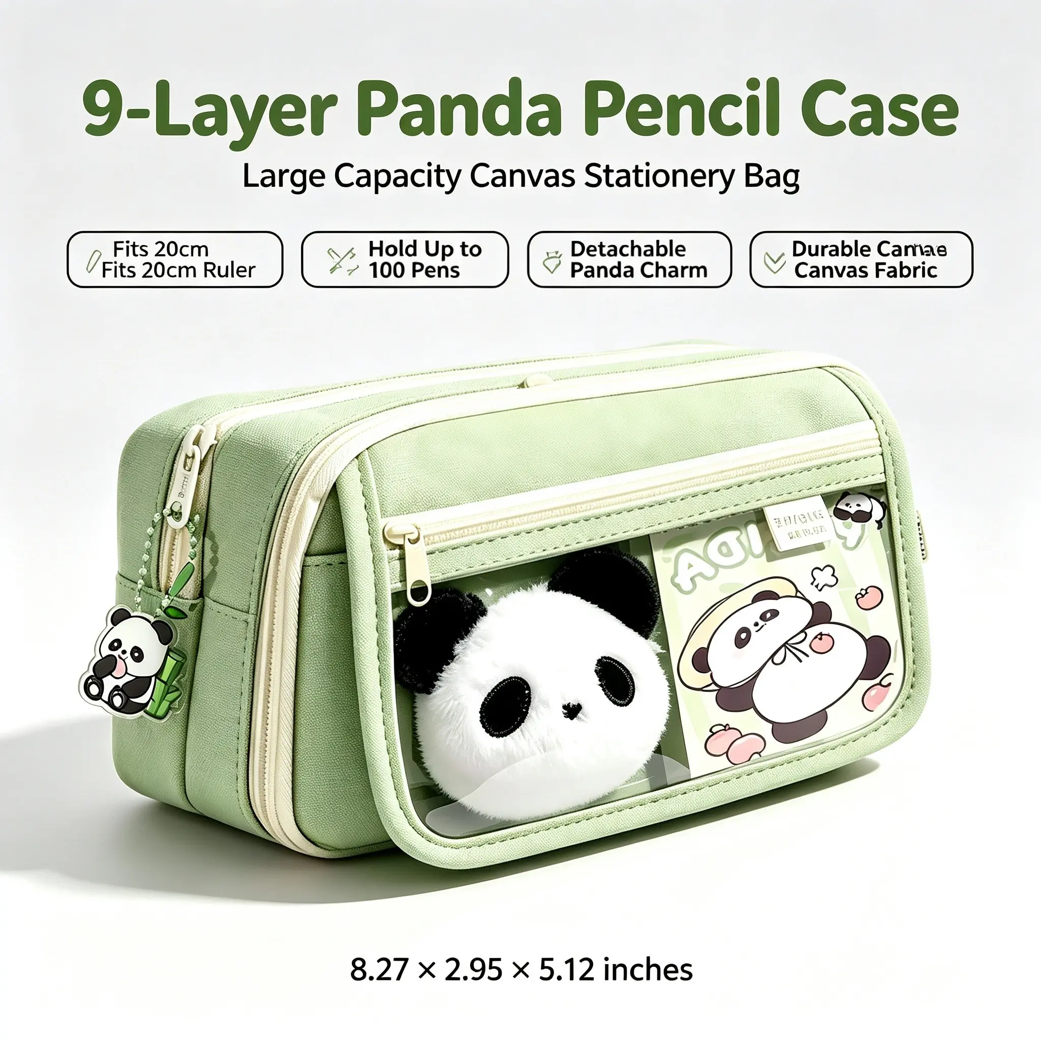 Panda Canvas Pen Bag, 9-Layer Large Capacity, Holds 100 Pens, Detachable Patch, High-Profile Student Stationery Box, American Campus Style