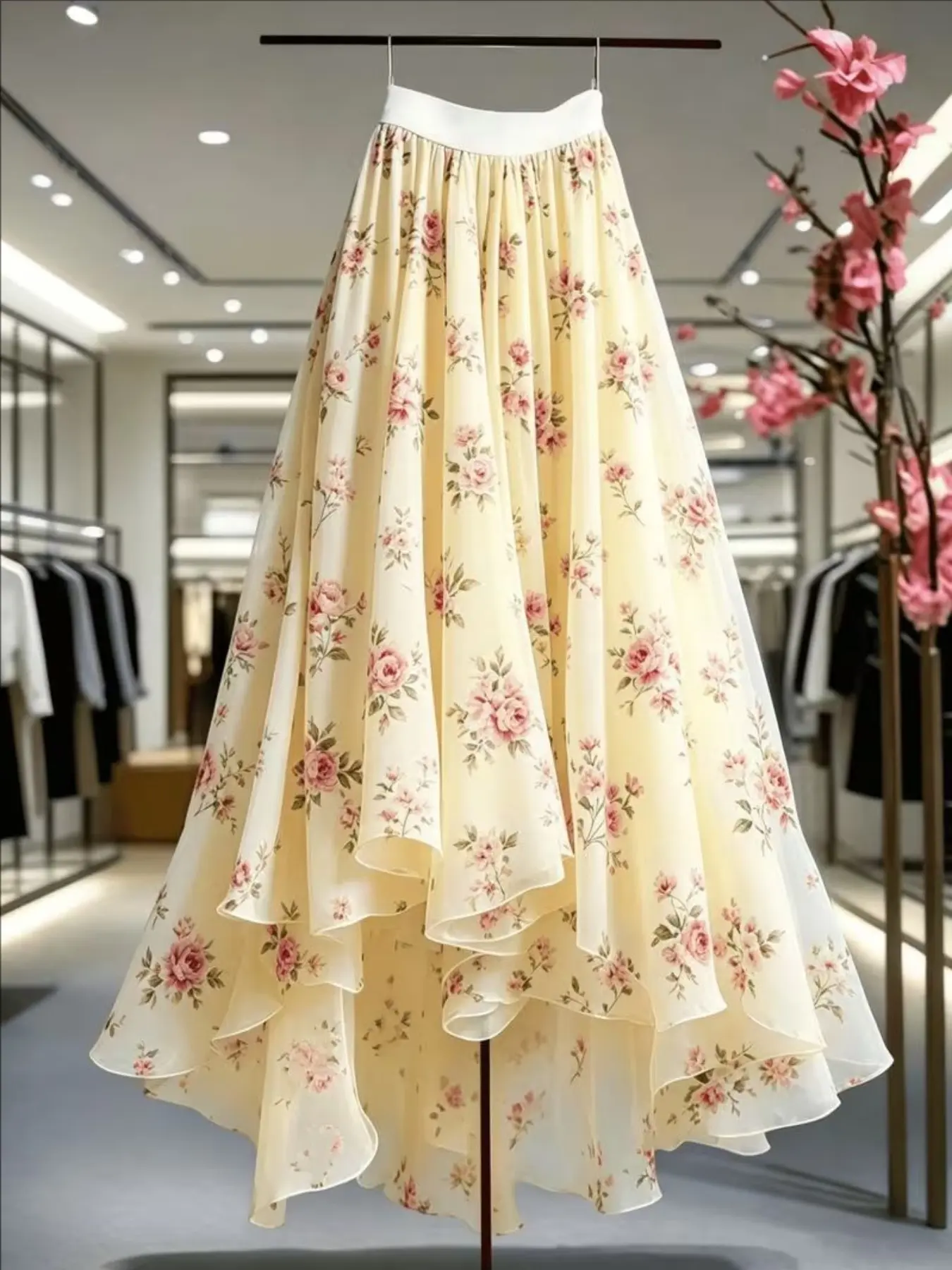 Elegant Women's Half Skirt, Lace Mesh Print Long Dress, Floral Pattern Asymmetrical Hem, Stylish and Chic Fashion Piece